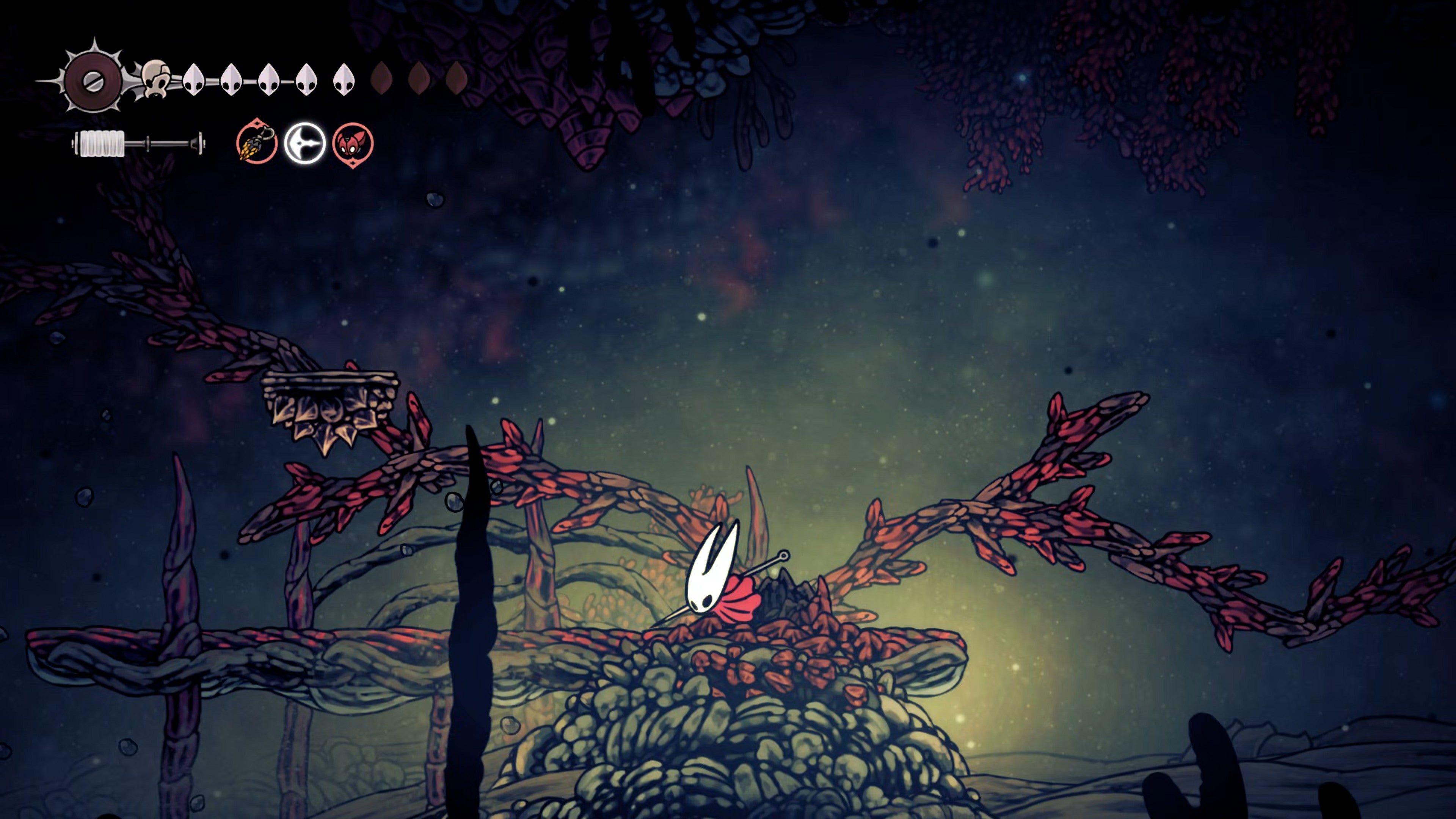 A screenshot of Hollow Knight: Silksong showing the path through the Sands Of Karak. - 10