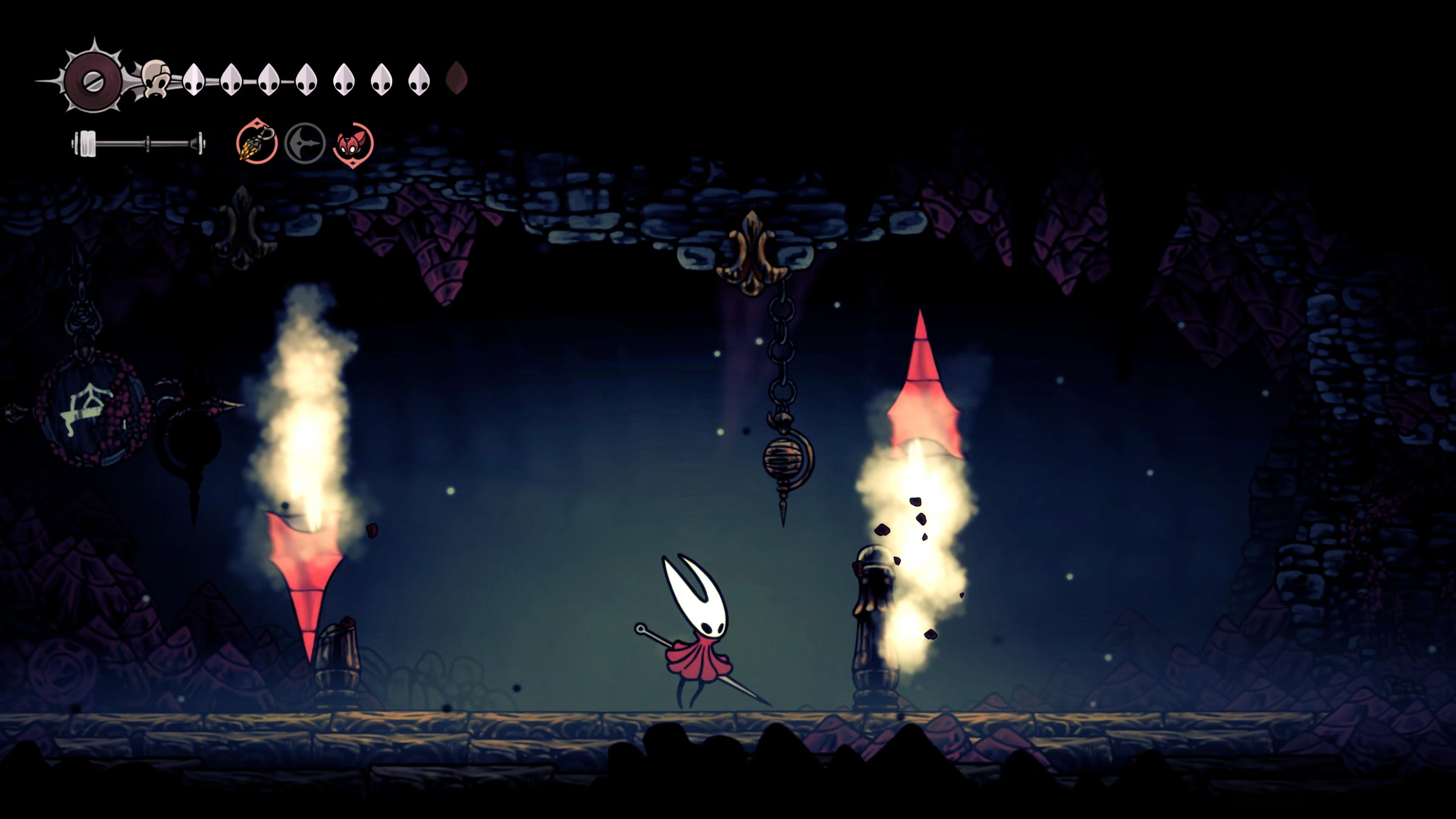 A screenshot of Hollow Knight: Silksong showing the path through the Sands Of Karak. - 26