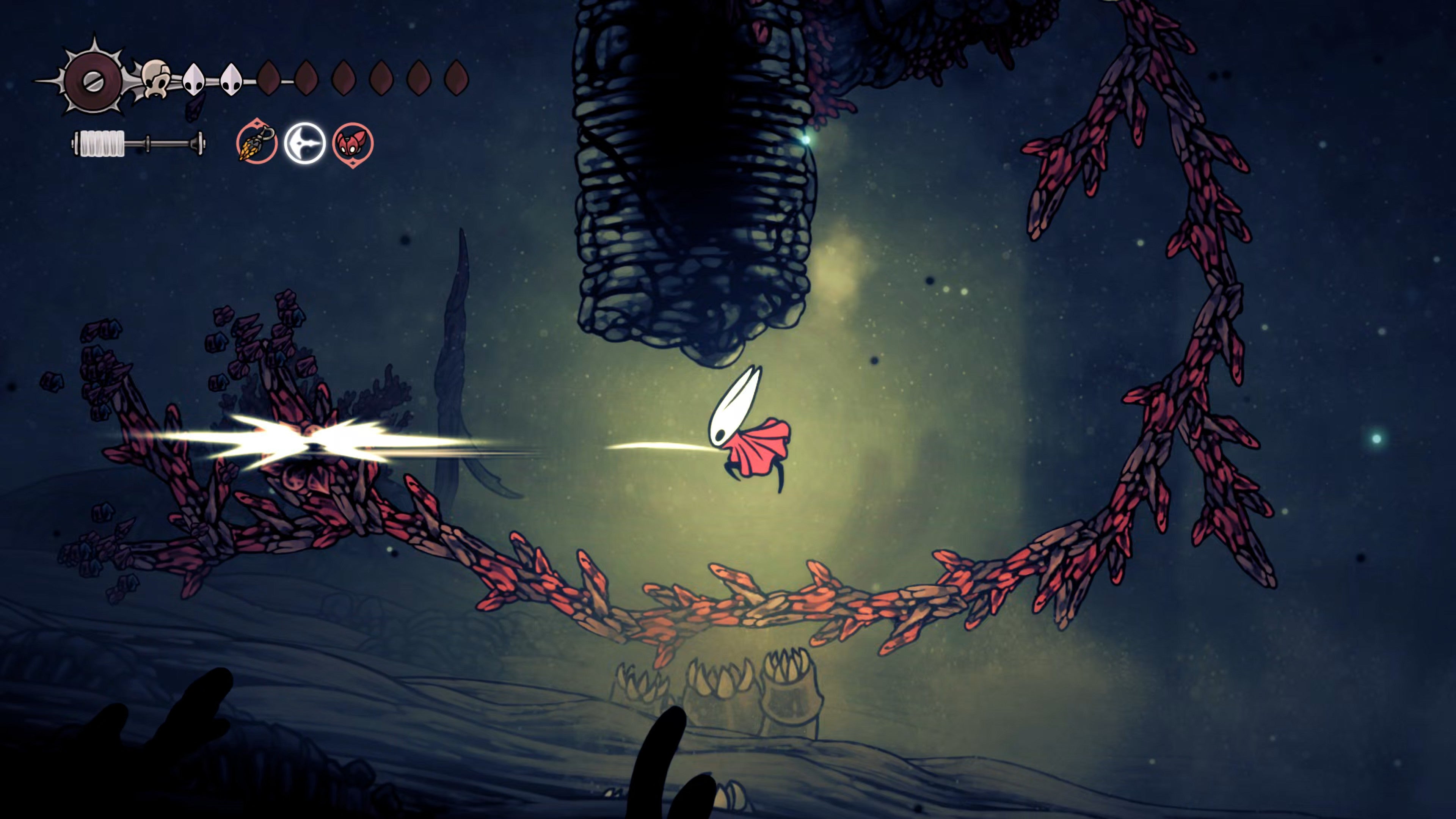 A screenshot of Hollow Knight: Silksong showing the path through the Sands Of Karak. - 36
