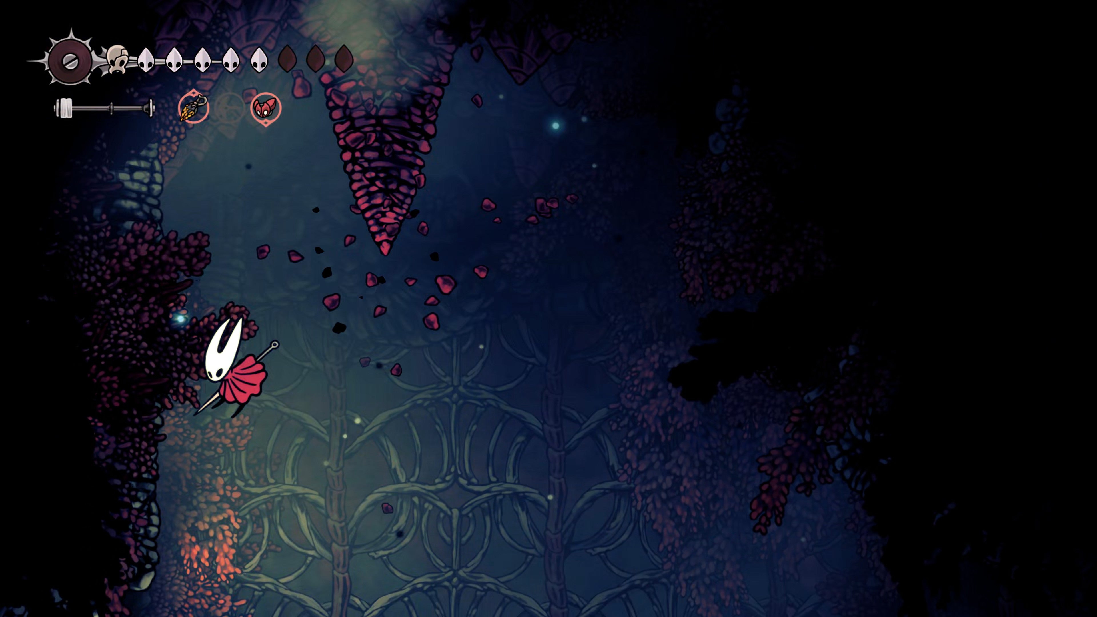 A screenshot of Hollow Knight: Silksong showing the path through the Sands Of Karak. - 37