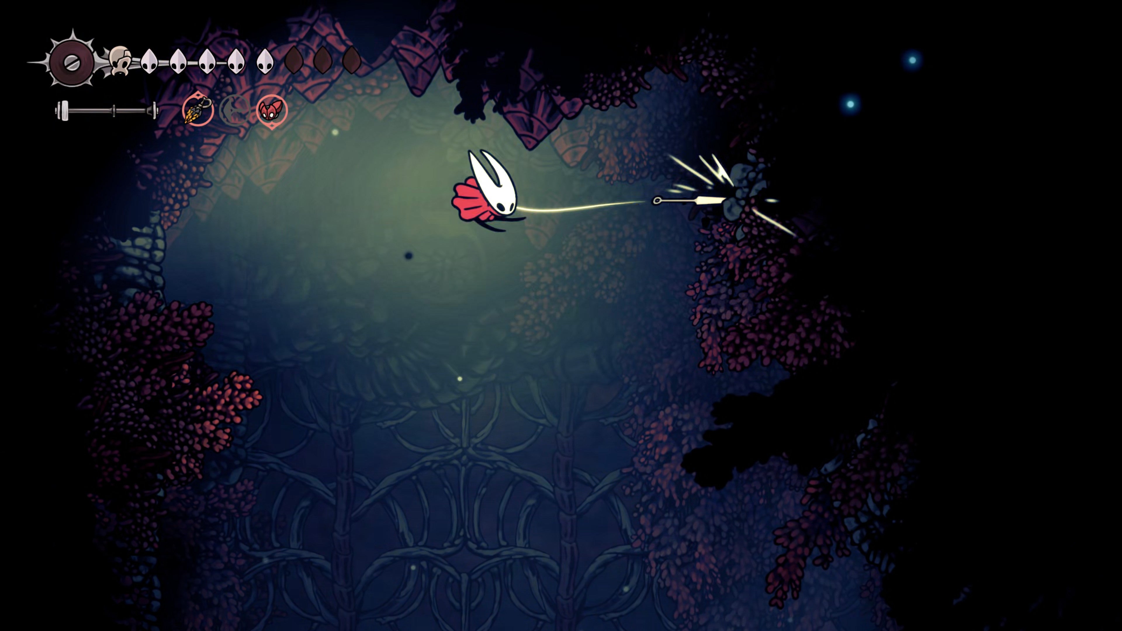 A screenshot of Hollow Knight: Silksong showing the path through the Sands Of Karak. - 38