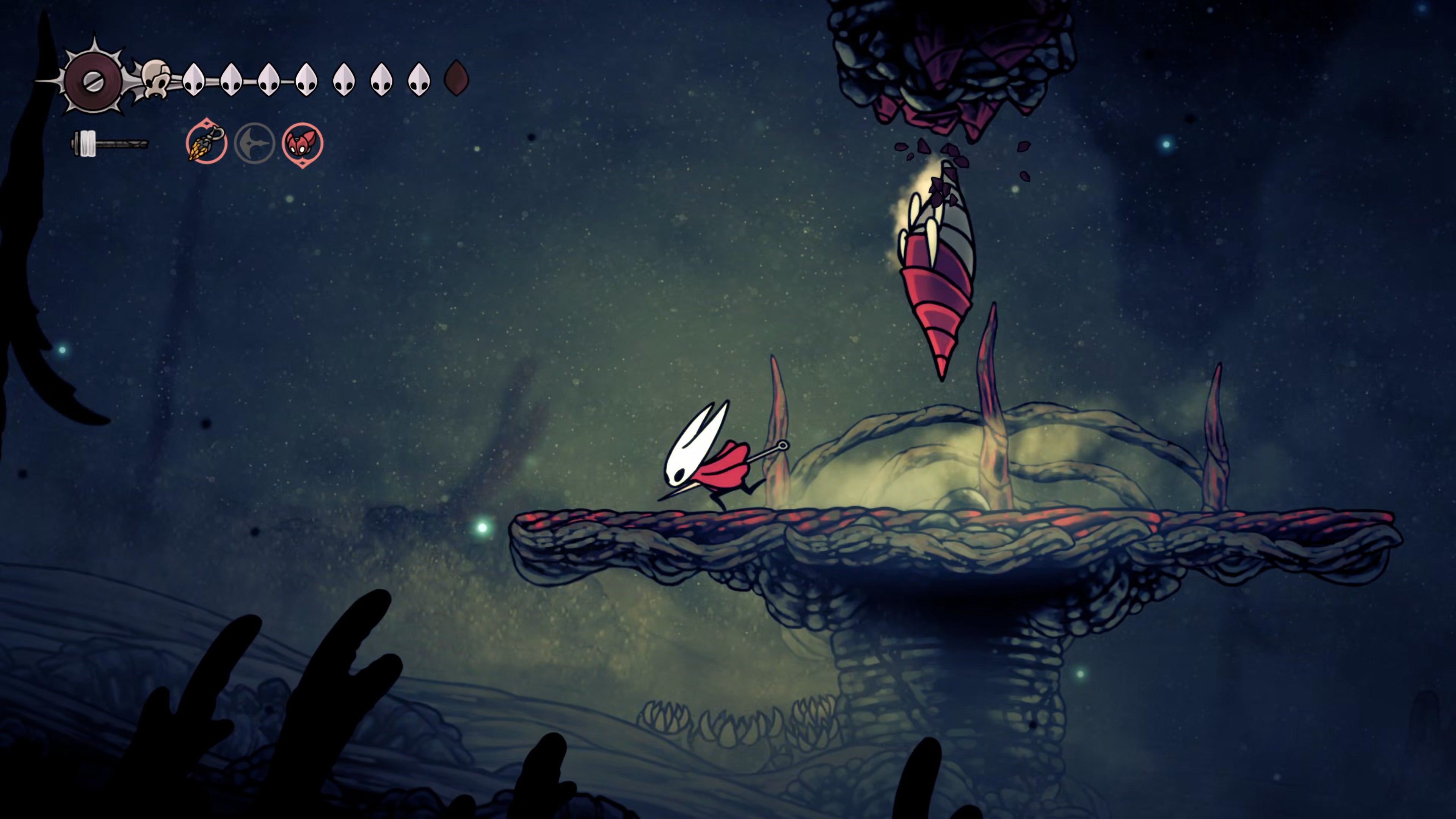 A screenshot of Hollow Knight: Silksong showing the path through the Sands Of Karak. - 47