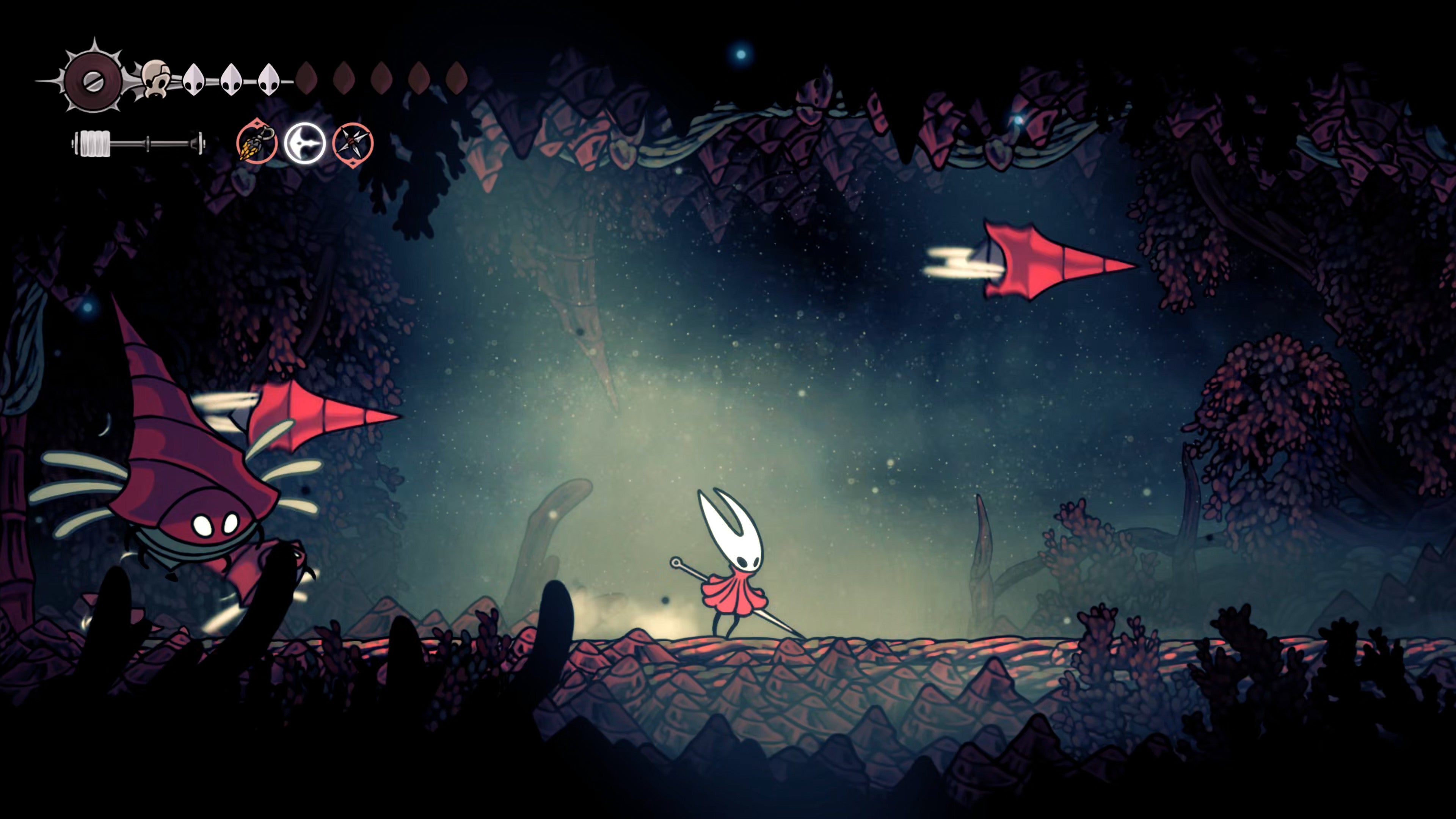 A screenshot of Hollow Knight: Silksong showing the path through the Sands Of Karak. - 49