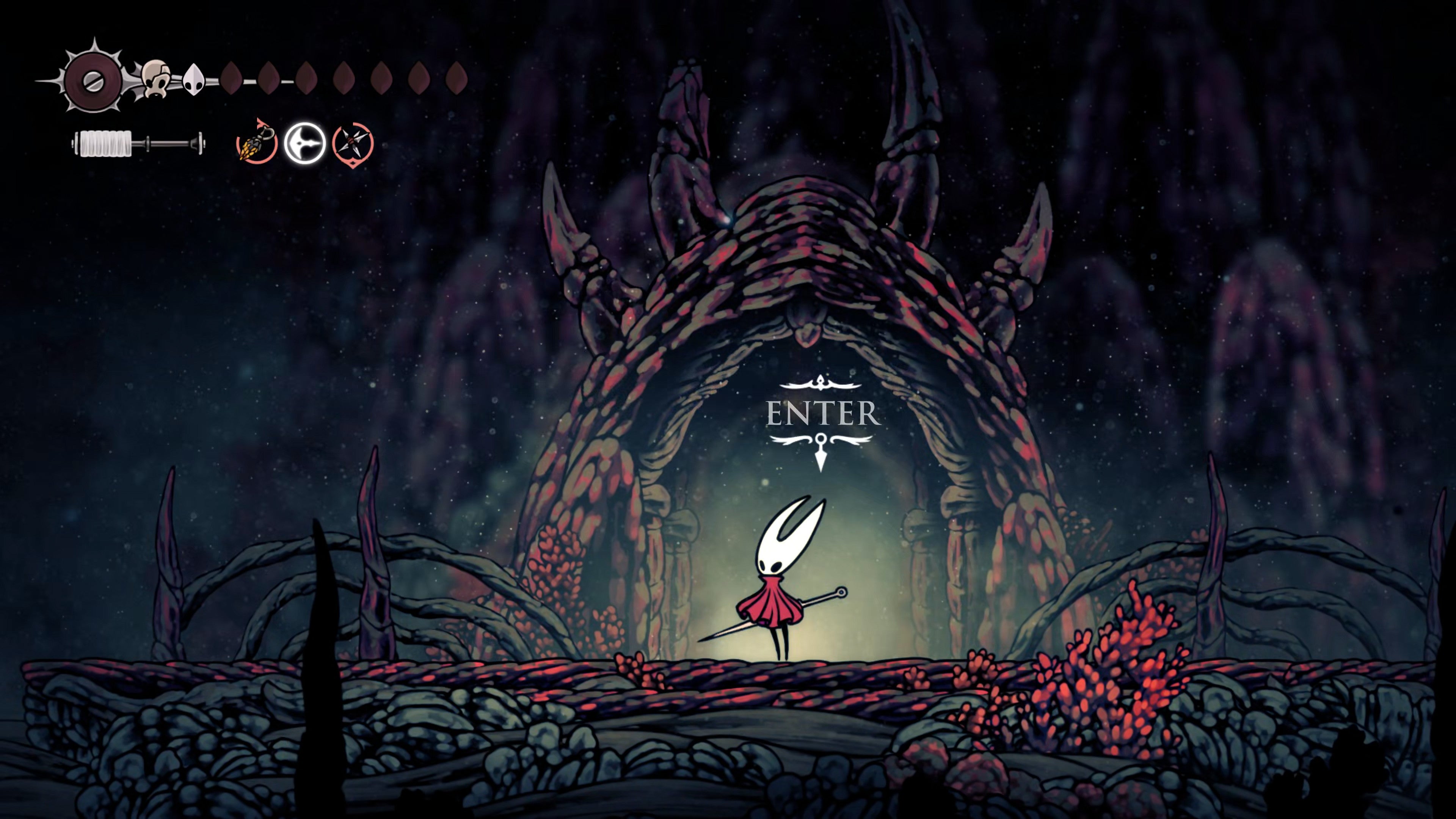 A screenshot of Hollow Knight: Silksong showing the path through the Sands Of Karak. - 50