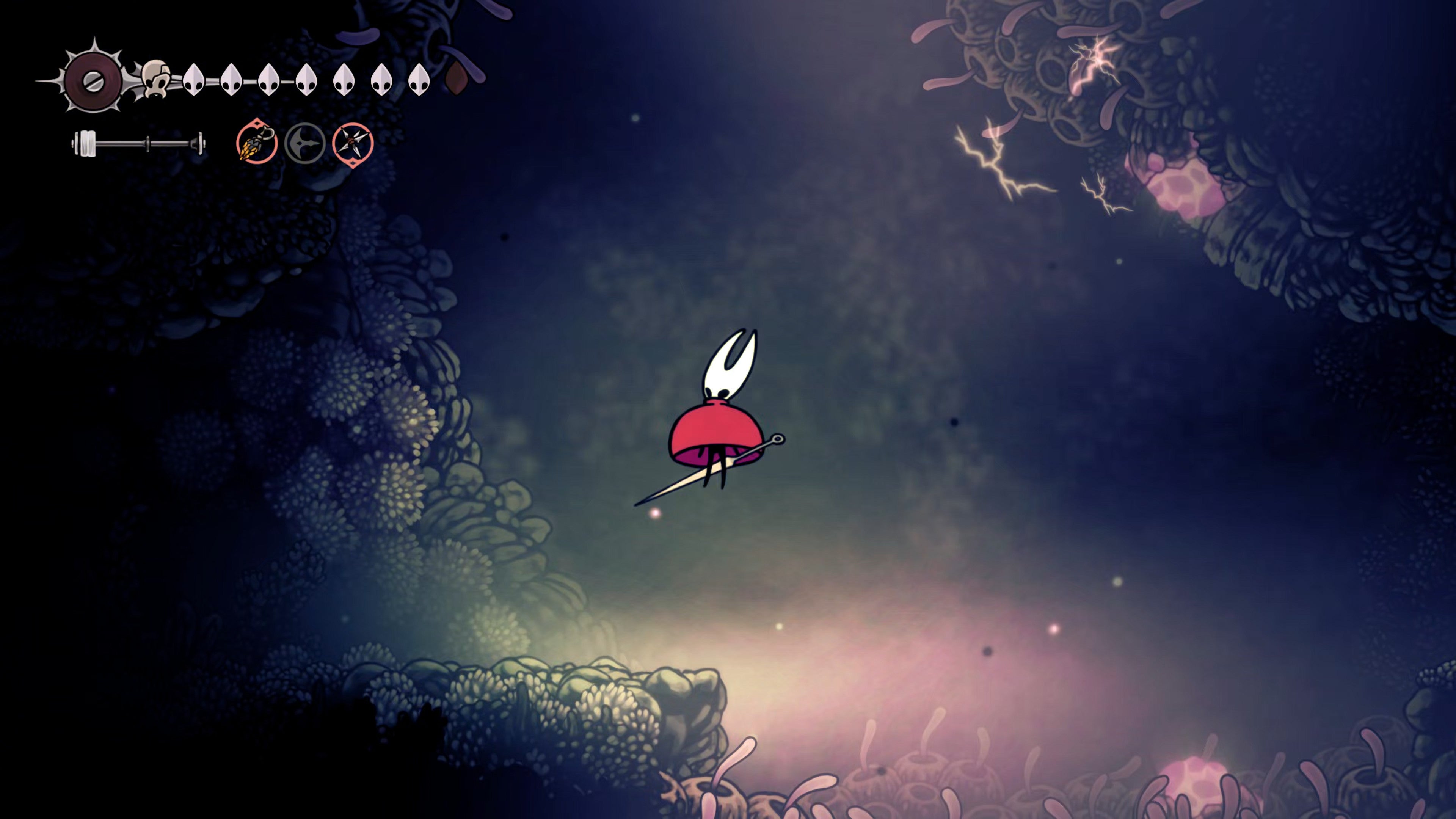 A screenshot of Hollow Knight: Silksong showing the path through the Sands Of Karak. - 43