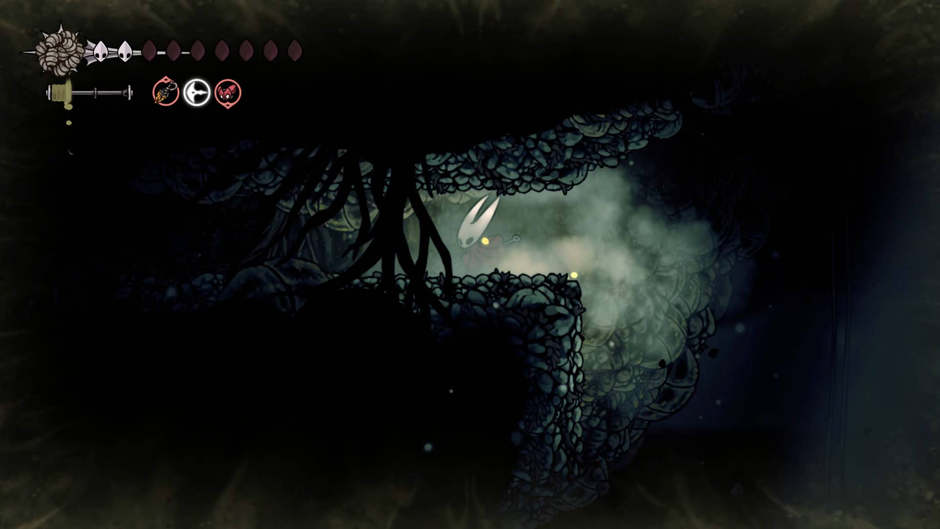 Screenshot of Hollow Knight: Silkson showing a path through corrupt ducts.