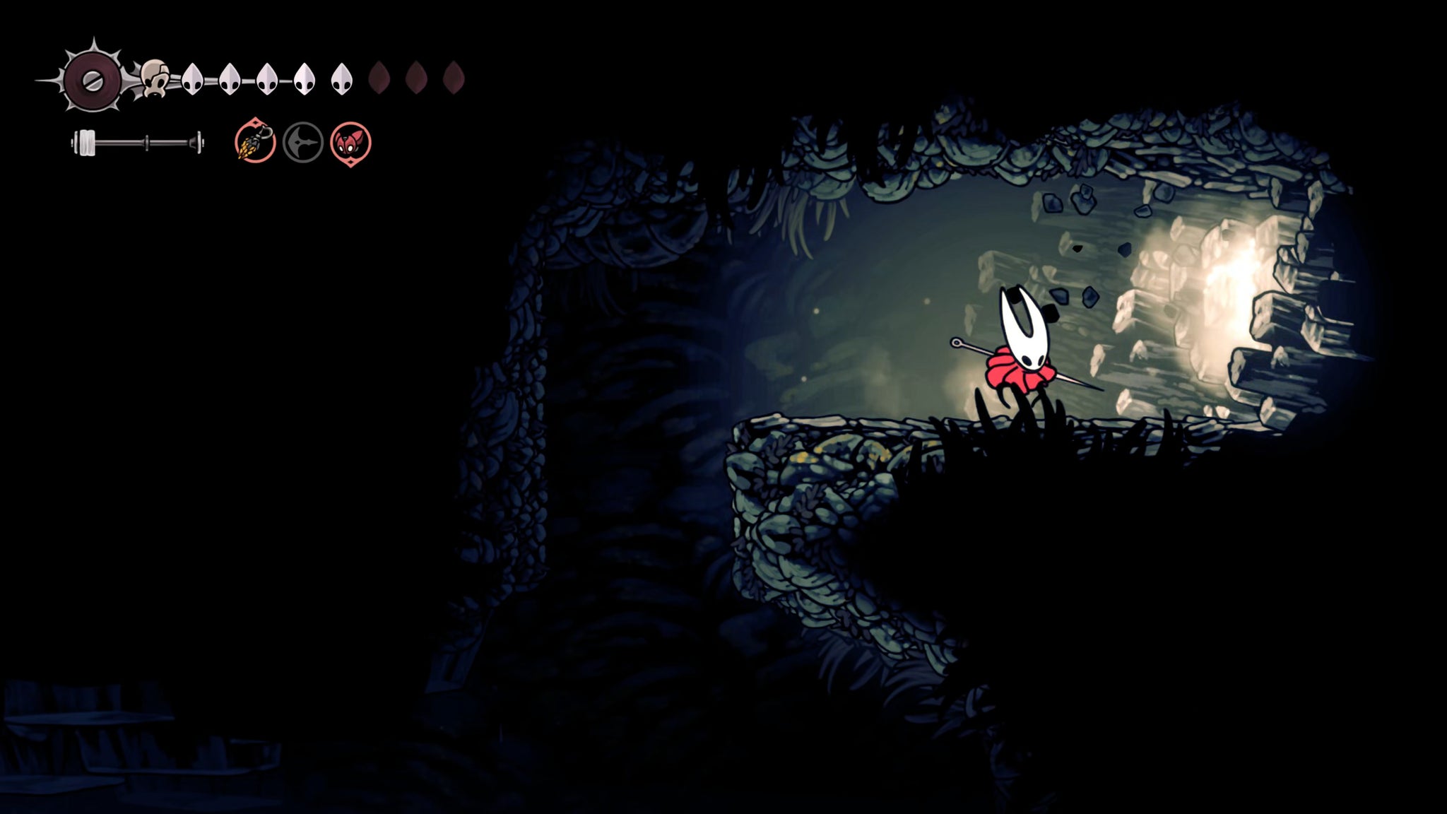 A screenshot of Hollow Knight: Silksong showing the path through the Putrified Ducts. - 22
