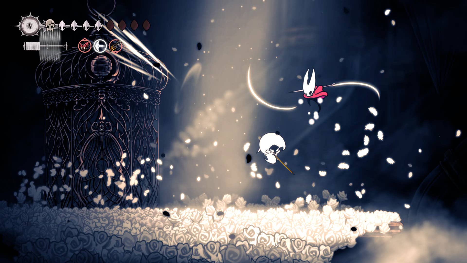 Hollow Knight screenshot: Silkson showing the street in a cradle.