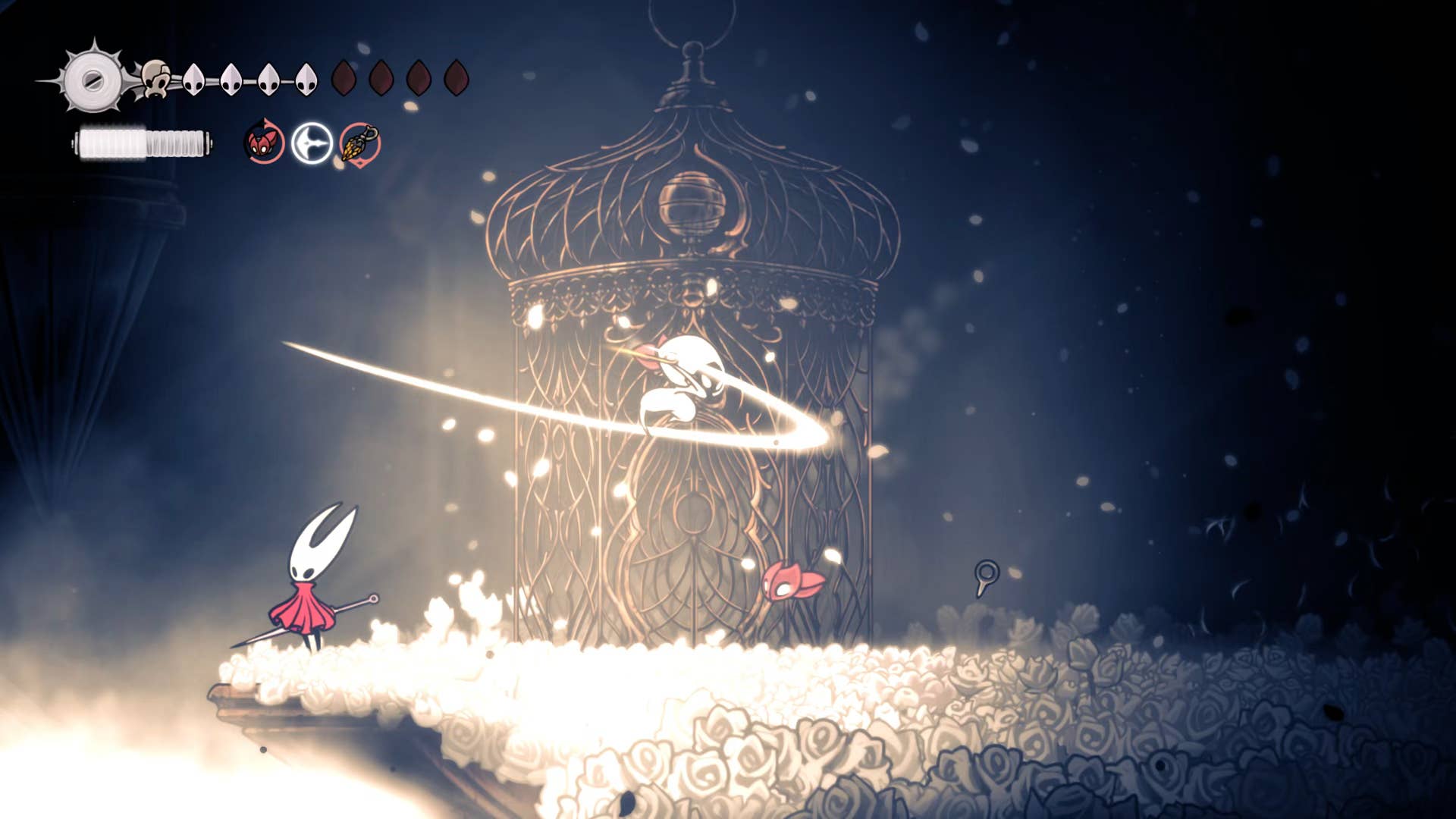 Hollow Knight screenshot: Silkson showing the street in a cradle.