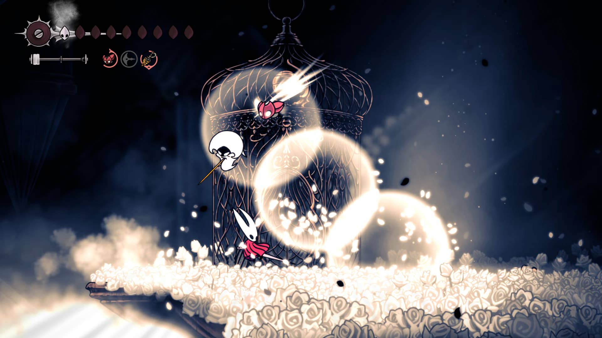Hollow Knight screenshot: Silkson showing the street in a cradle.