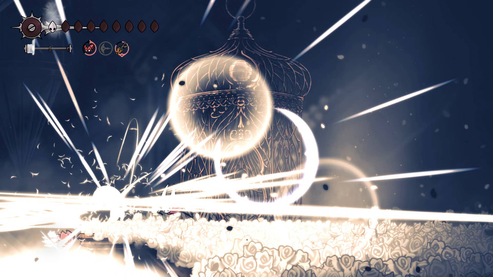 Hollow Knight screenshot: Silkson showing the street in a cradle.