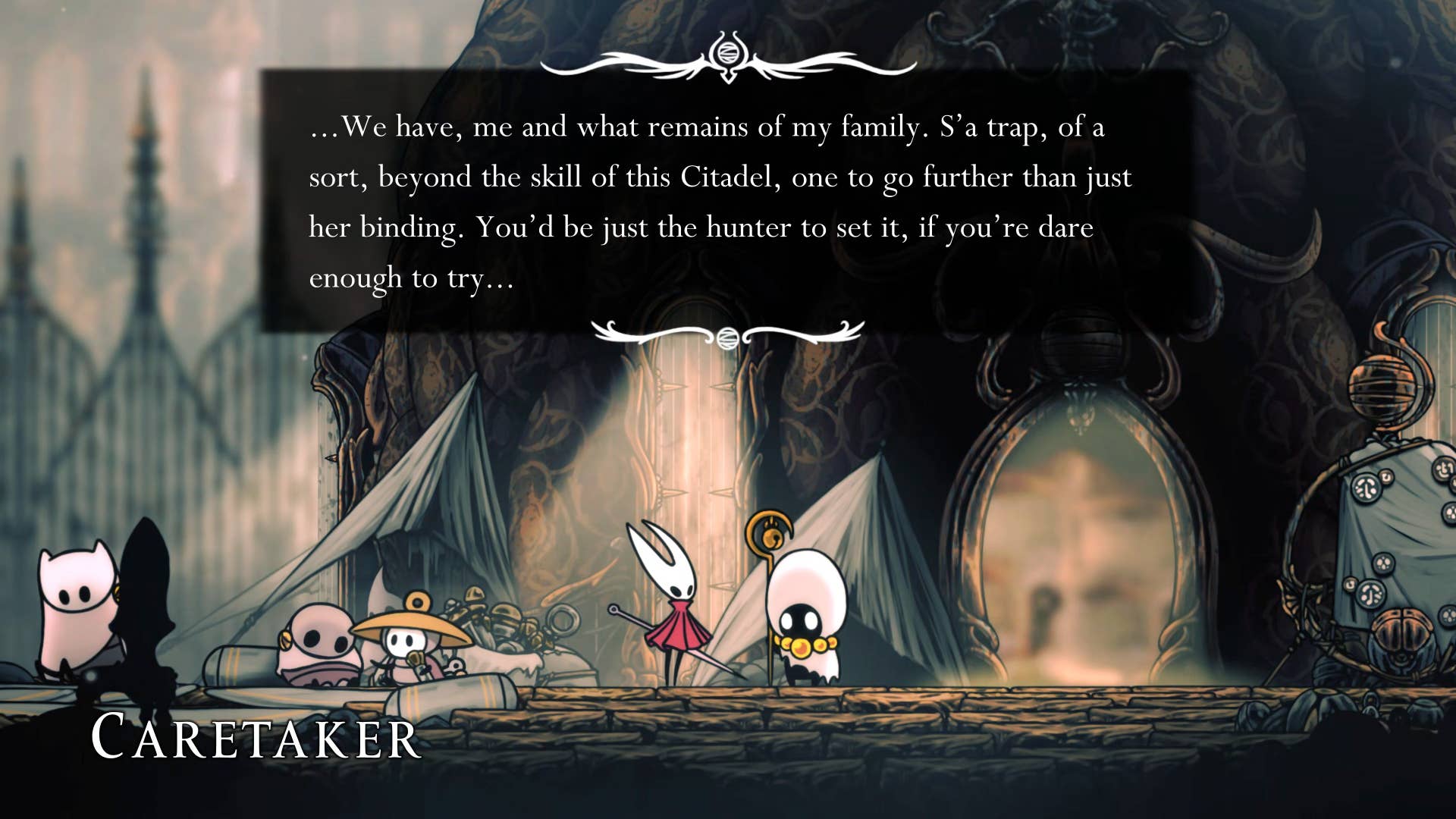 Hollow Knight screenshot: Silkson showing the street in a cradle.