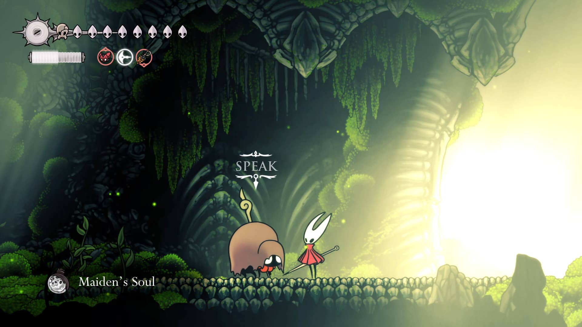 Hollow Knight screenshot: Silkson showing the street in a cradle.