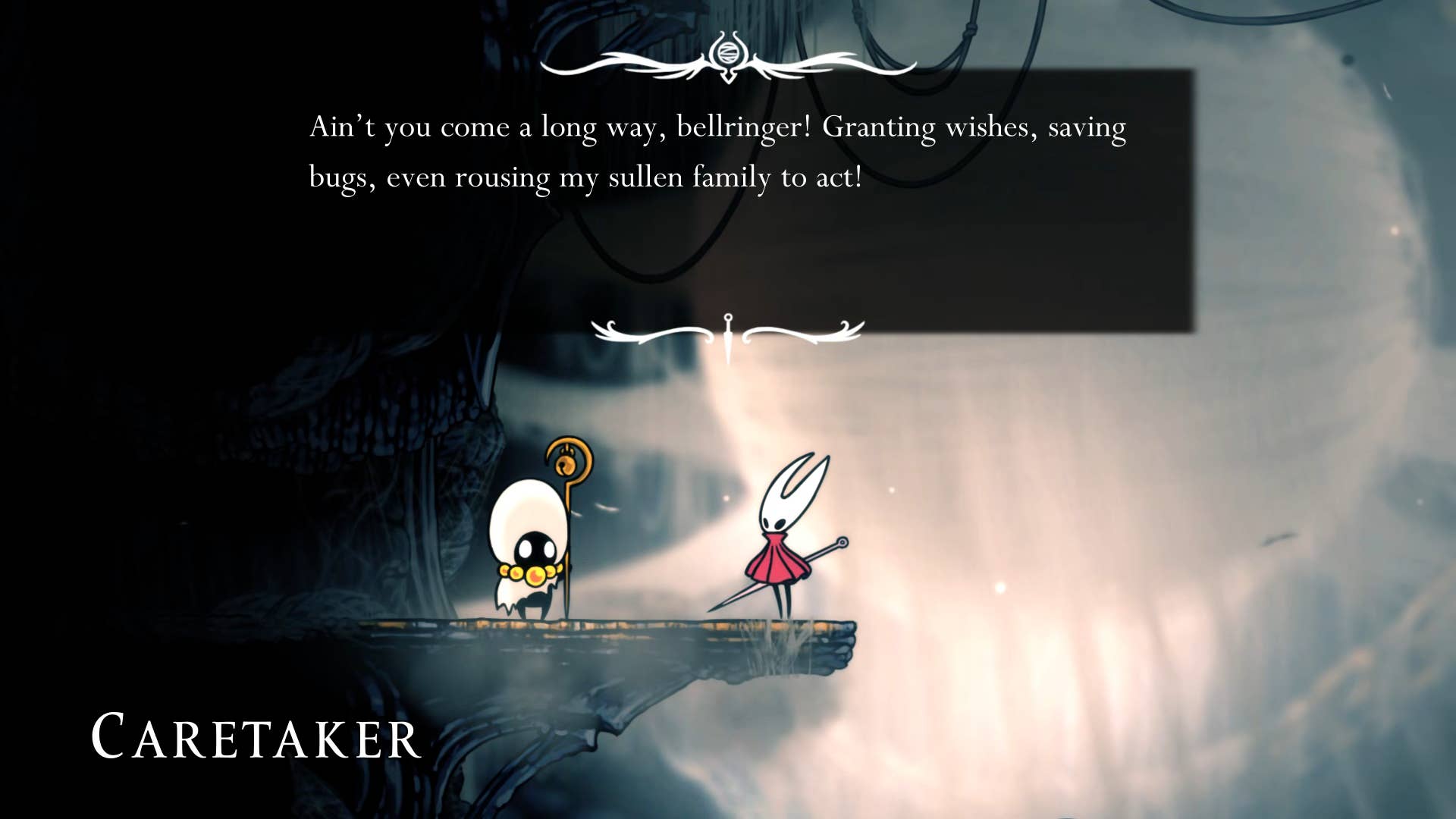Hollow Knight screenshot: Silkson showing the street in a cradle.