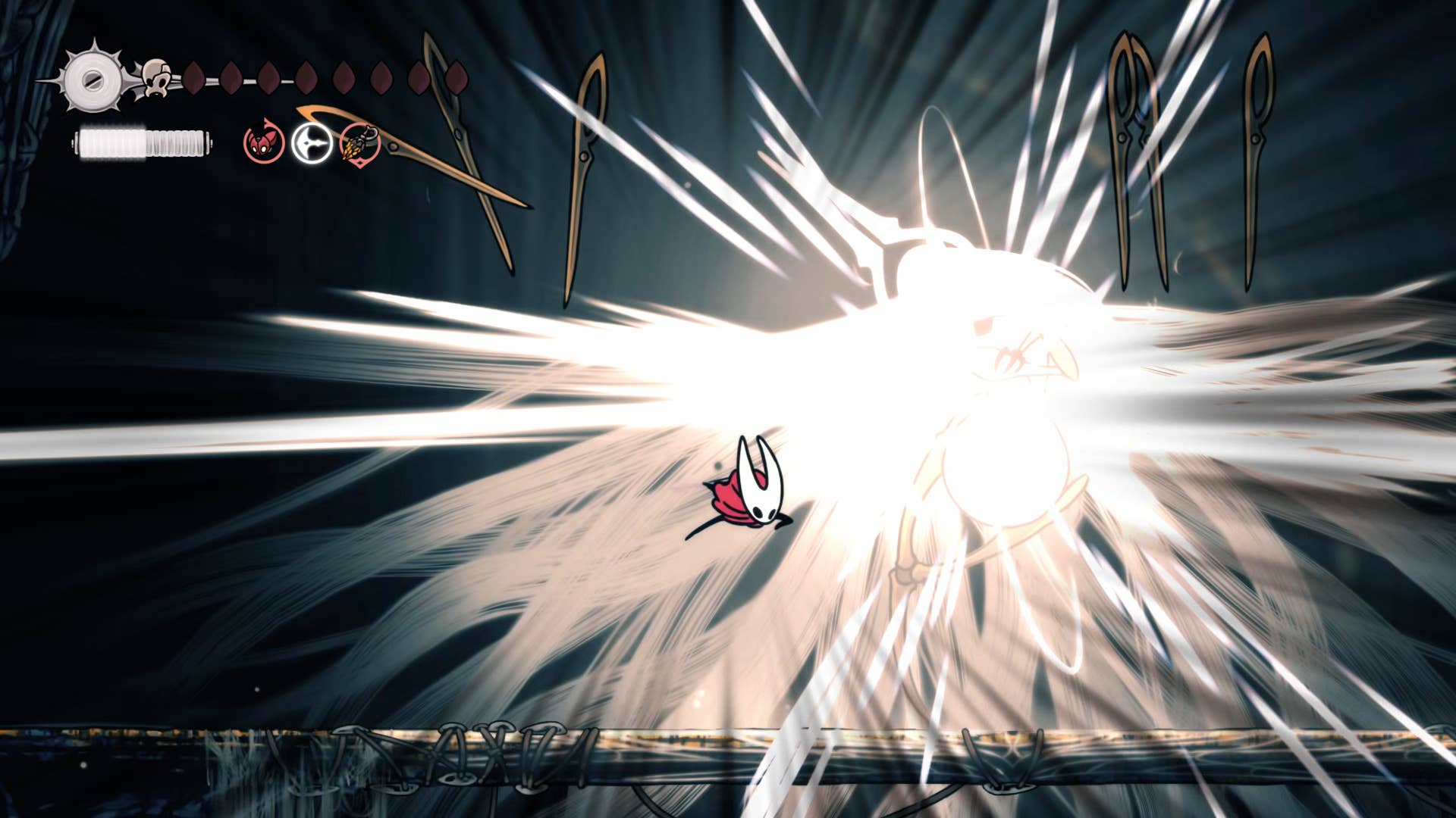 Hollow Knight screenshot: Silkson showing the street in a cradle.