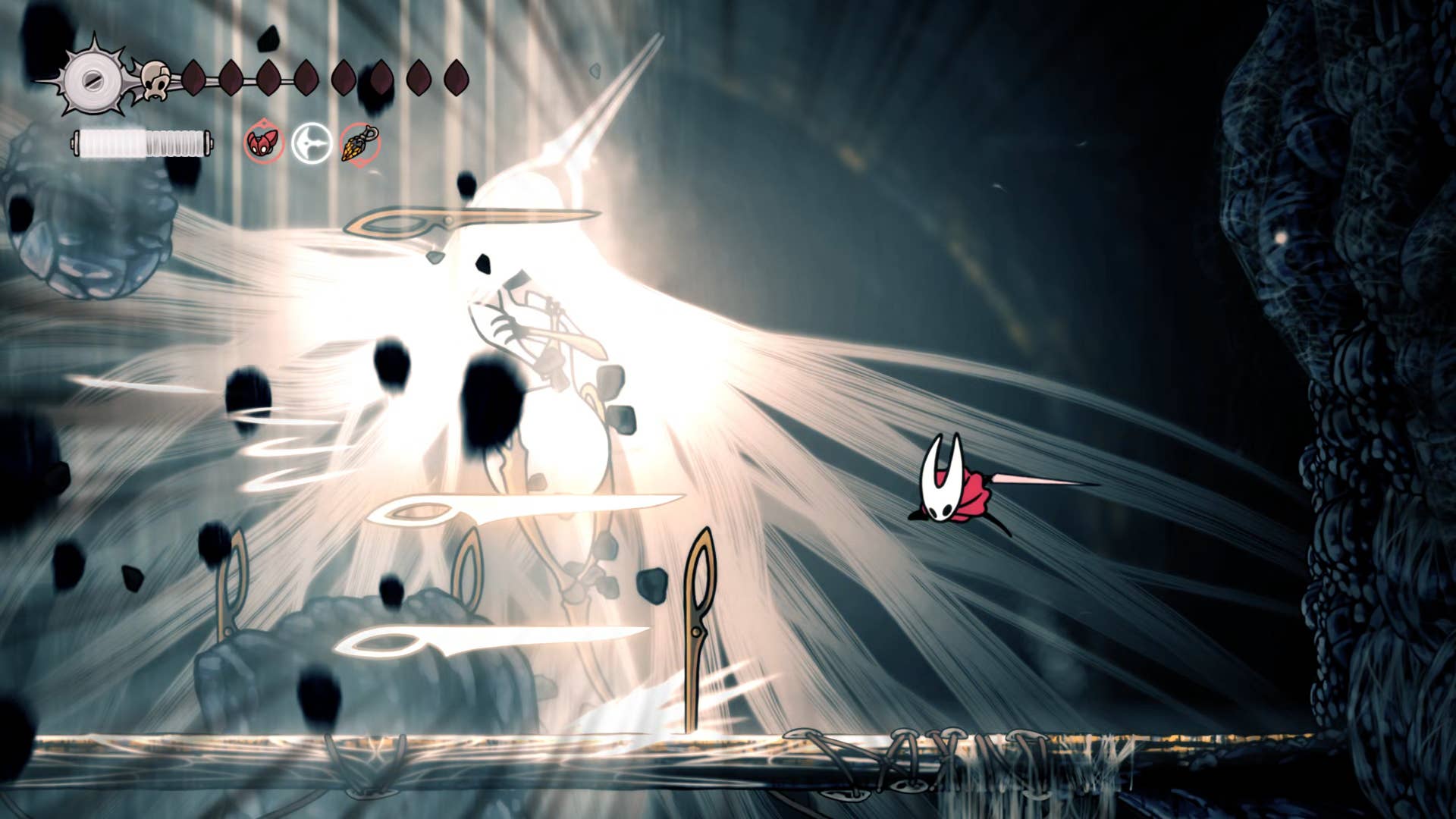 Hollow Knight screenshot: Silkson showing the street in a cradle.