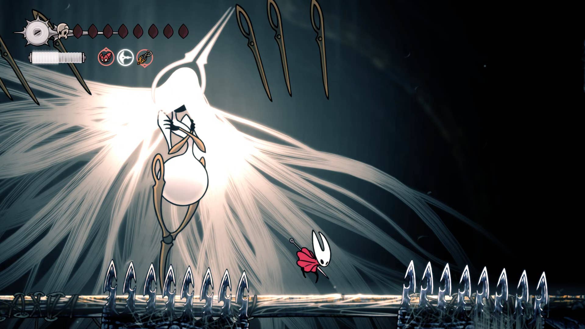 Hollow Knight screenshot: Silkson showing the street in a cradle.