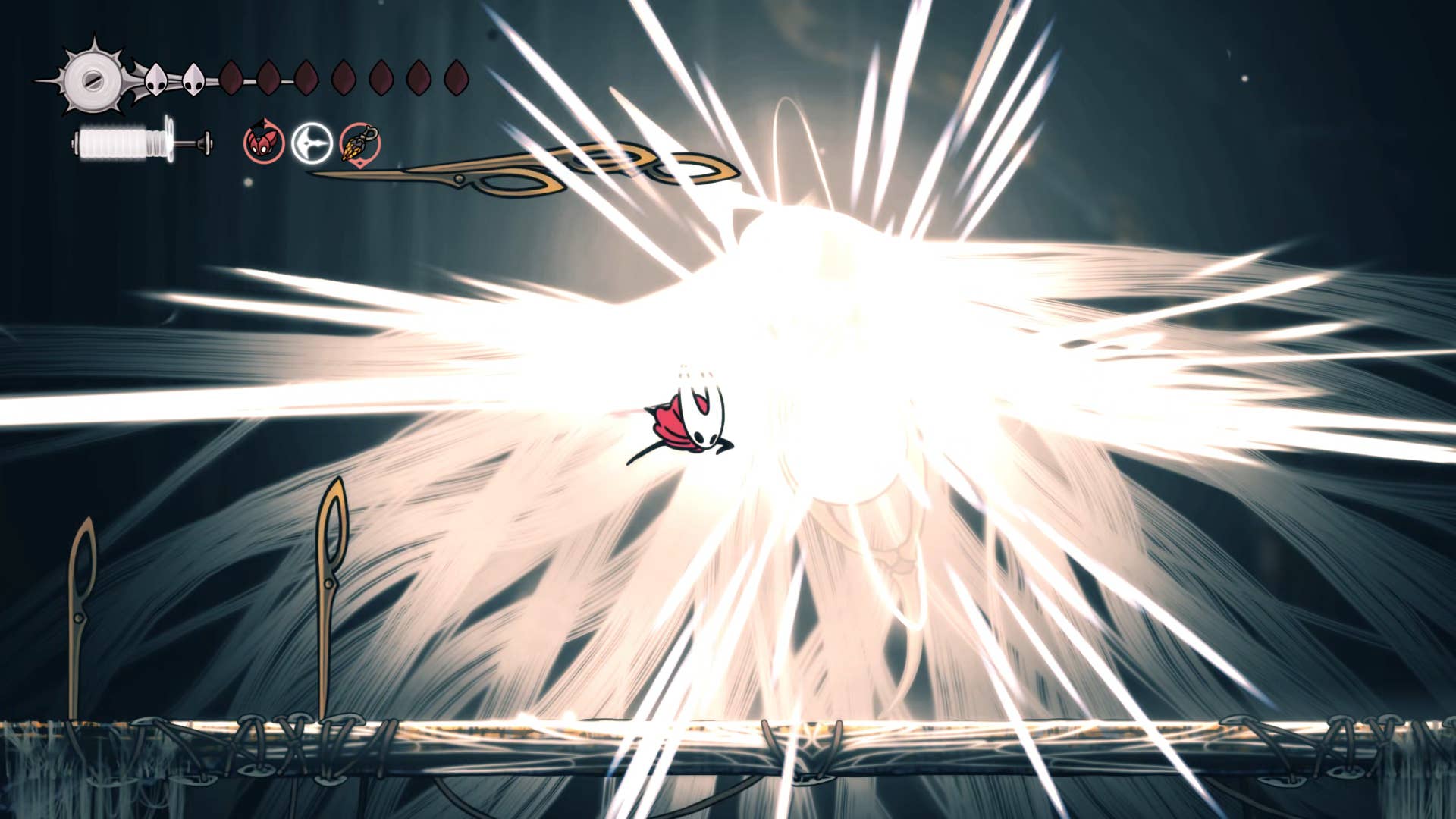 Hollow Knight screenshot: Silkson showing the street in a cradle.