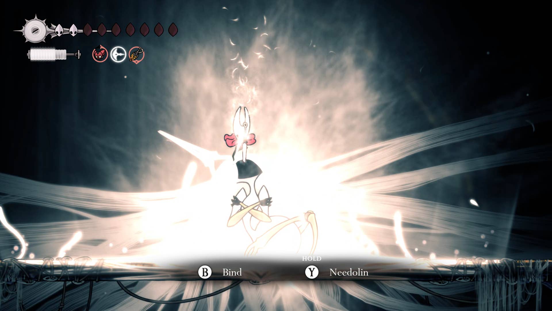 Hollow Knight screenshot: Silkson showing the street in a cradle.