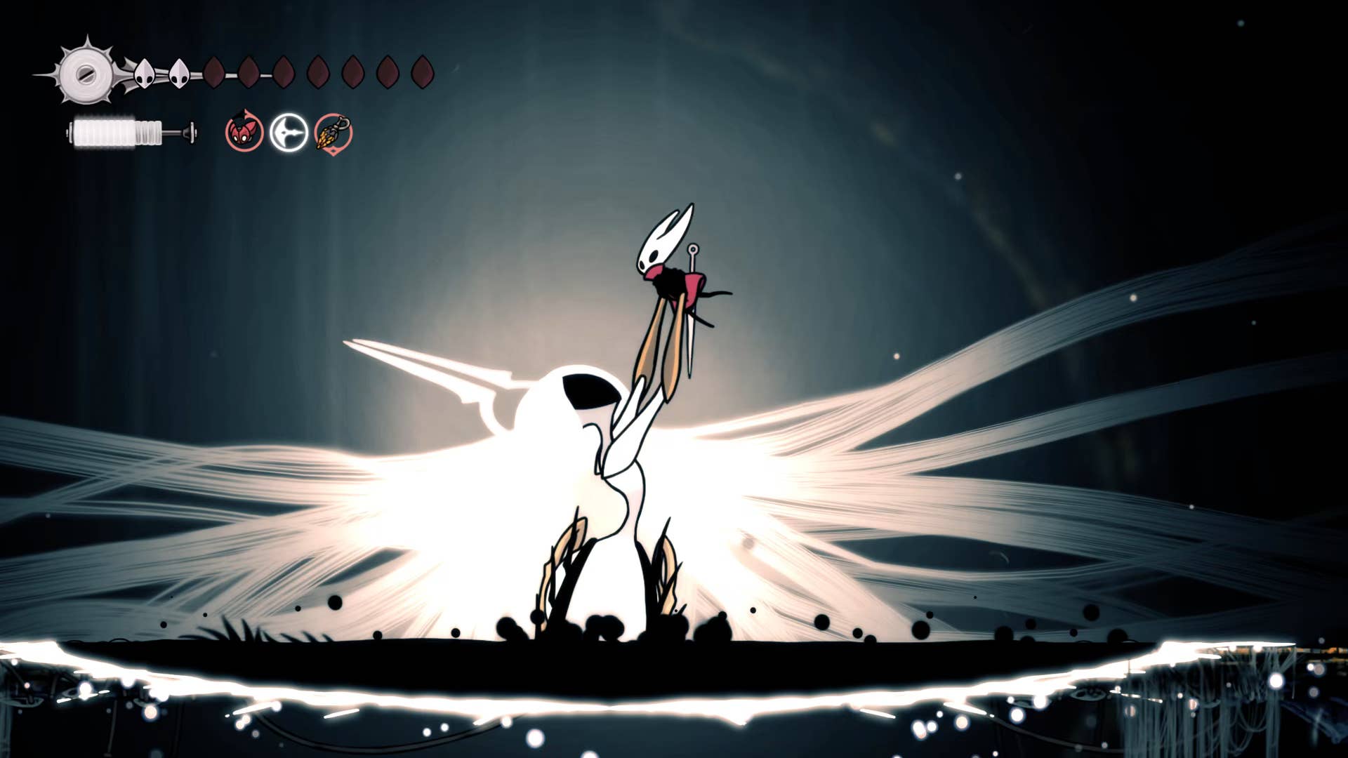 Hollow Knight screenshot: Silkson showing the street in a cradle.