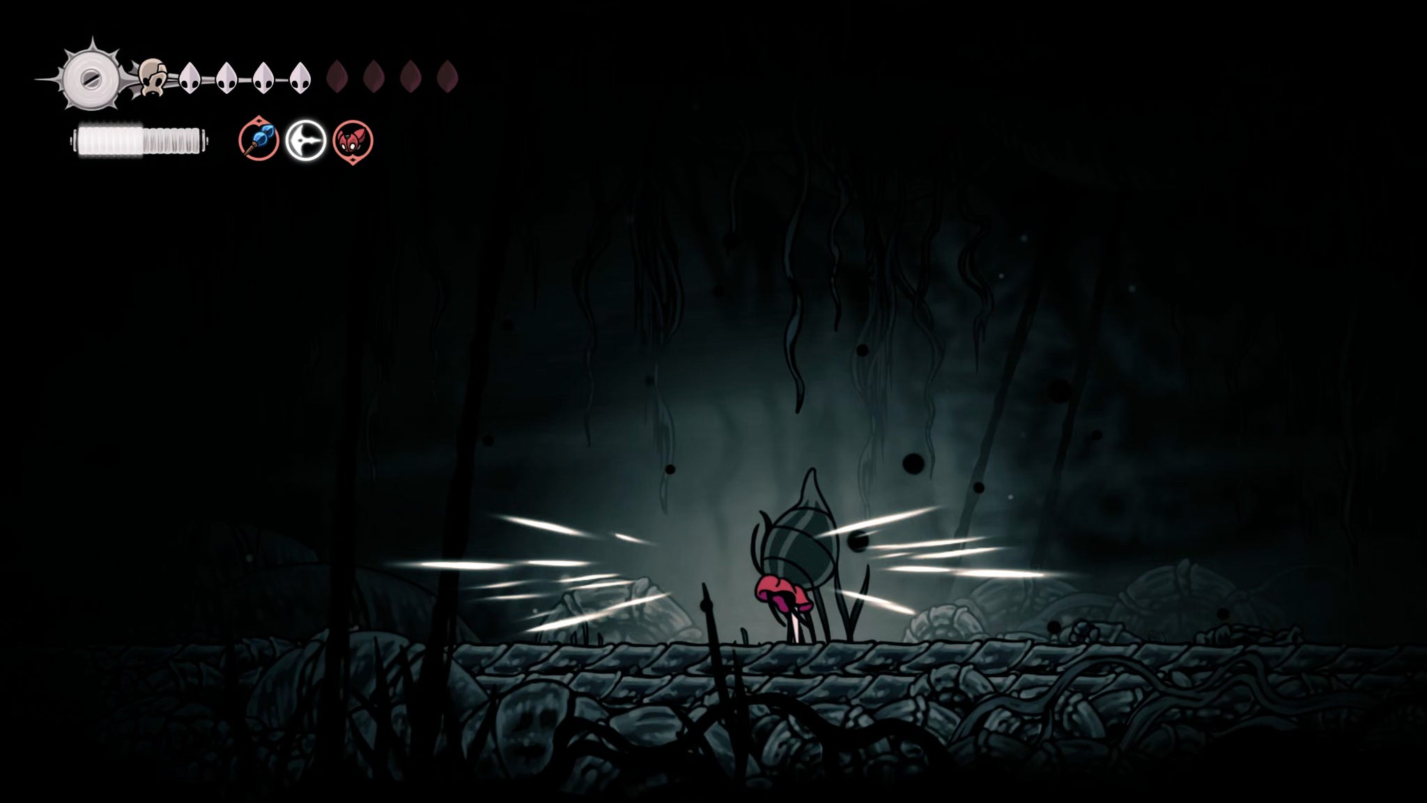 A screenshot of Hollow Knight: Silksong showing the path through The Abyss. - 12