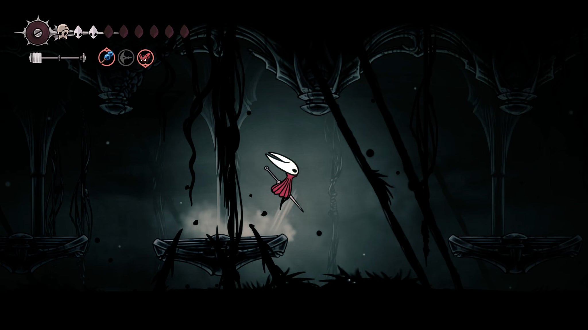 A screenshot of Hollow Knight: Silksong showing the path through The Abyss. - 21
