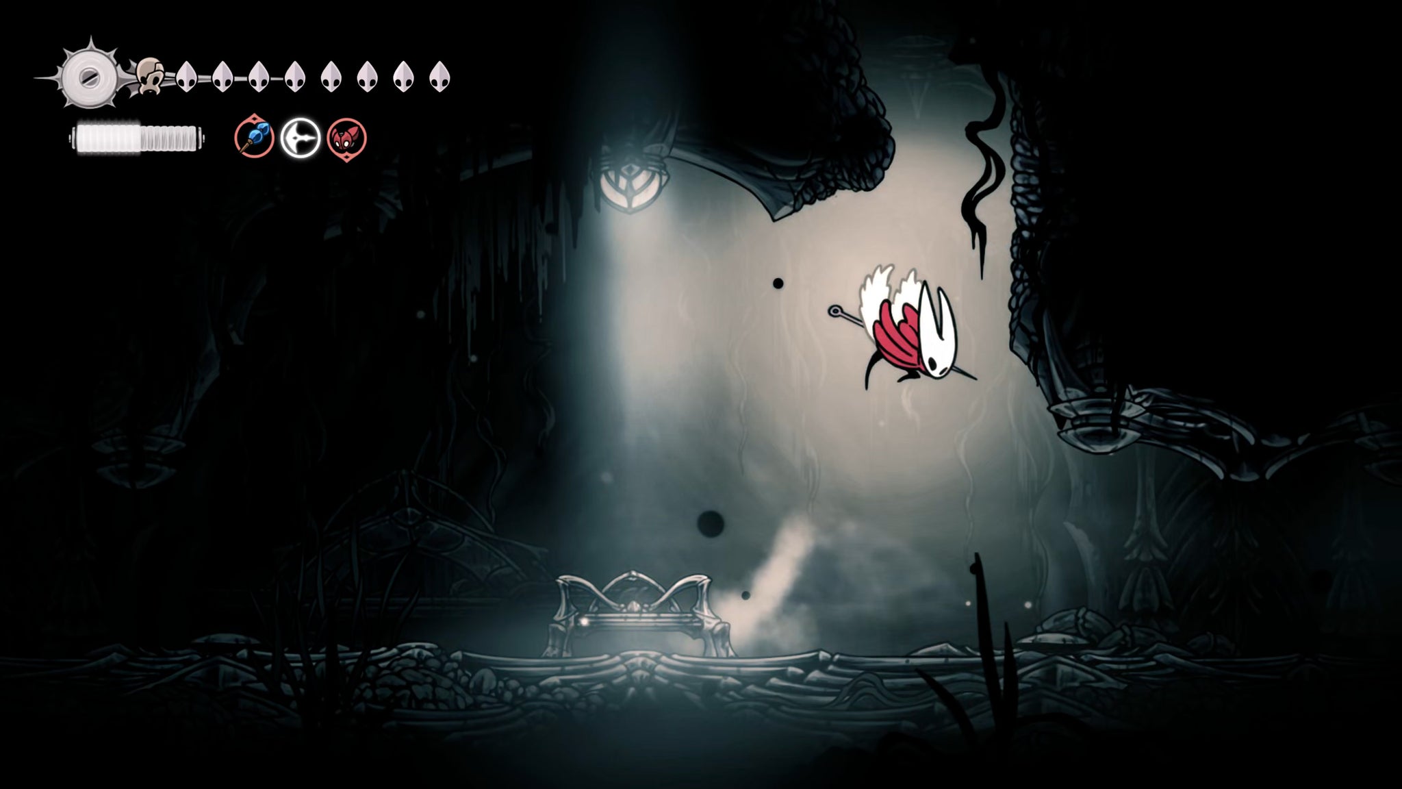A screenshot of Hollow Knight: Silksong showing the path through The Abyss. - 22