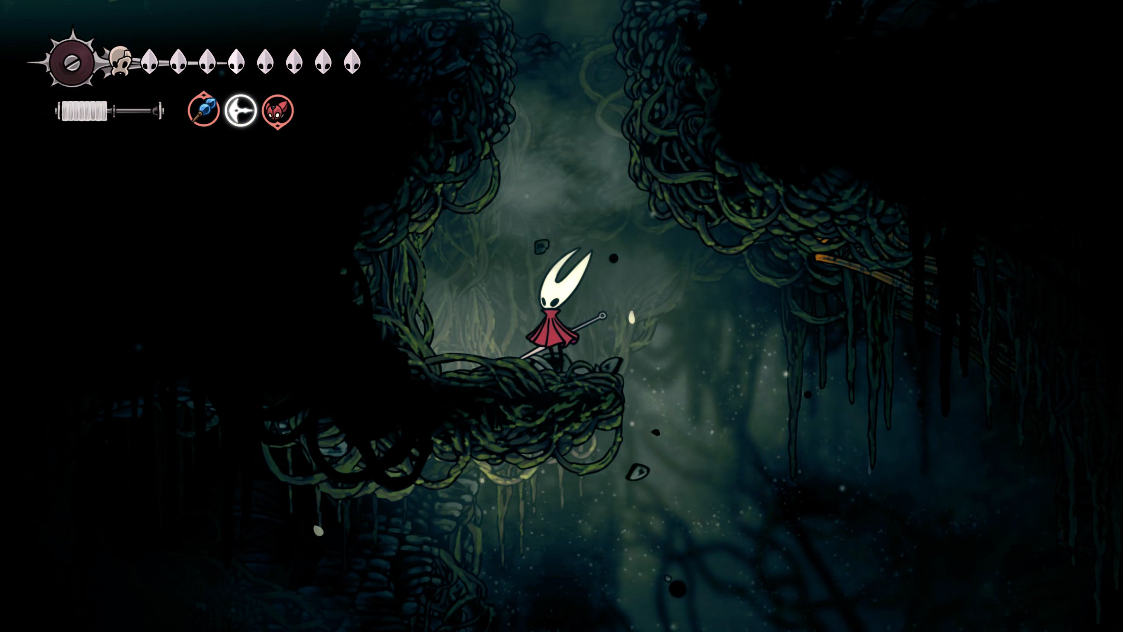A screenshot of Hollow Knight: Silksong showing the path through The Old Hearts quest in Act 3. - 11