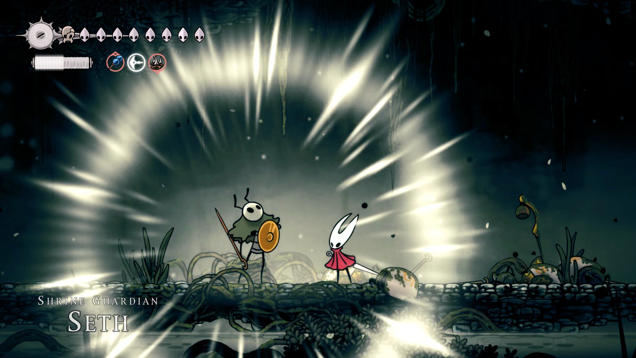 A screenshot of Hollow Knight: Silksong showing the path through The Old Hearts quest in Act 3. - 16