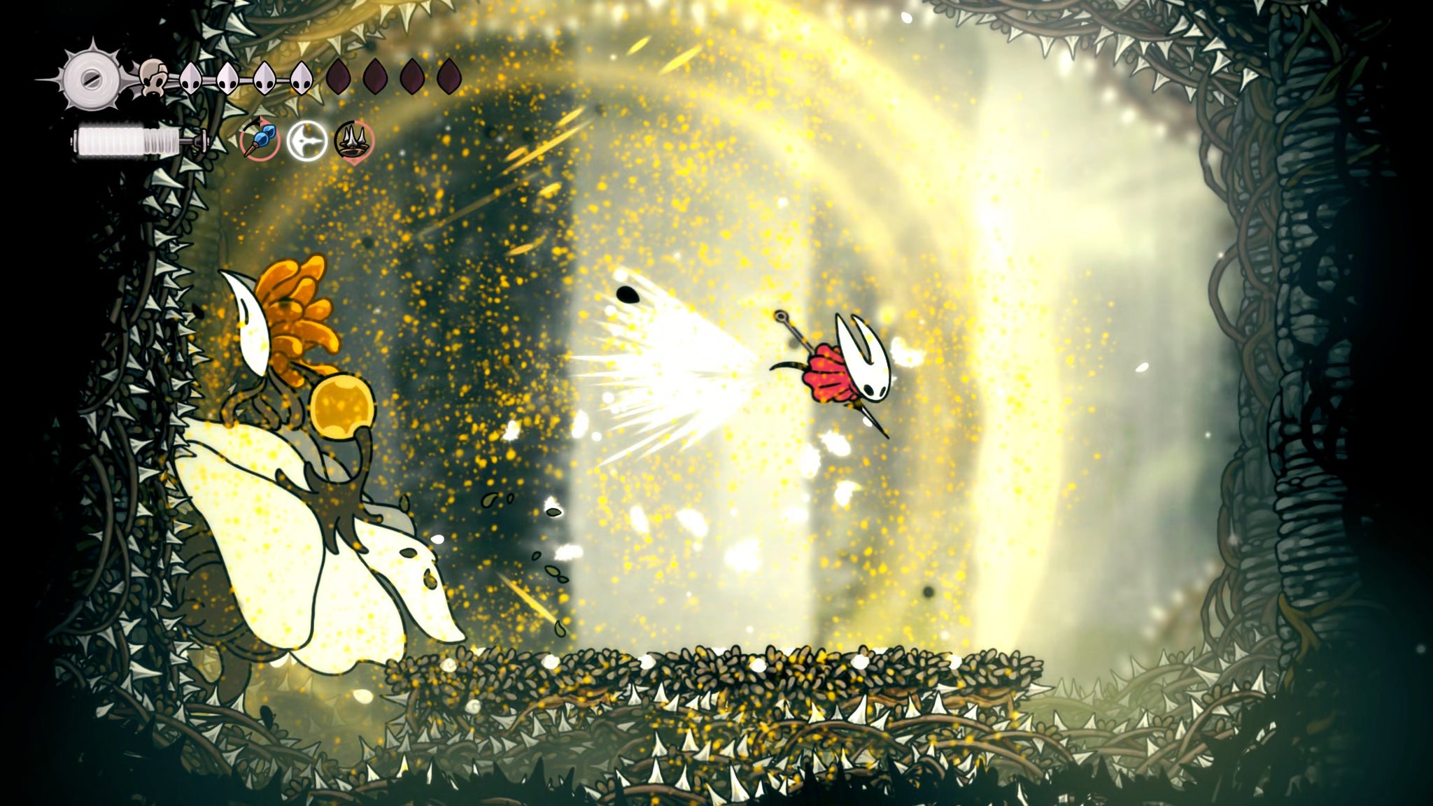 Hornet dashes away from a burst of Nyleth's pollen in Hollow Knight: Silksong. - 19