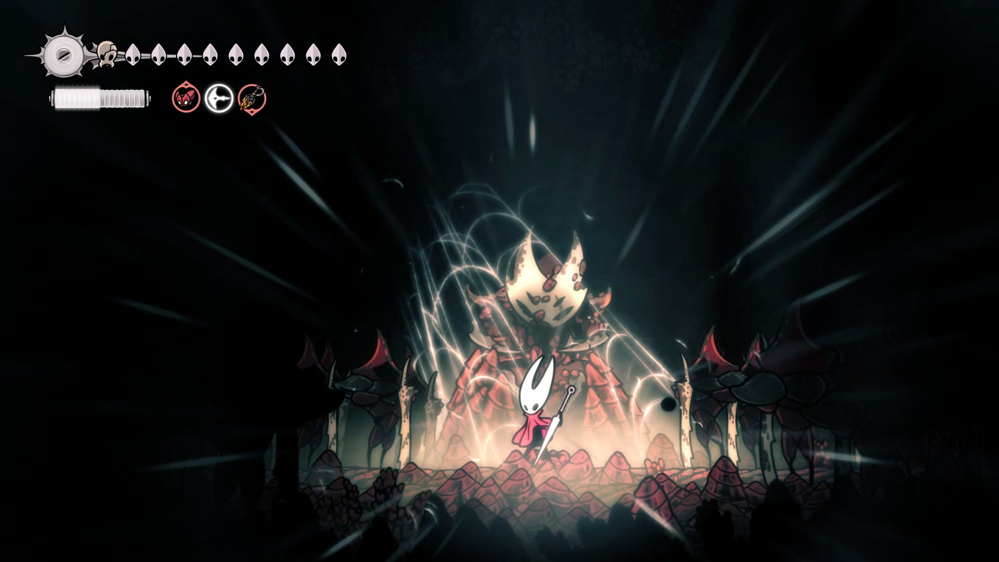 A screenshot of Hollow Knight: Silksong showing the path through The Old Hearts quest in Act 3. - 22
