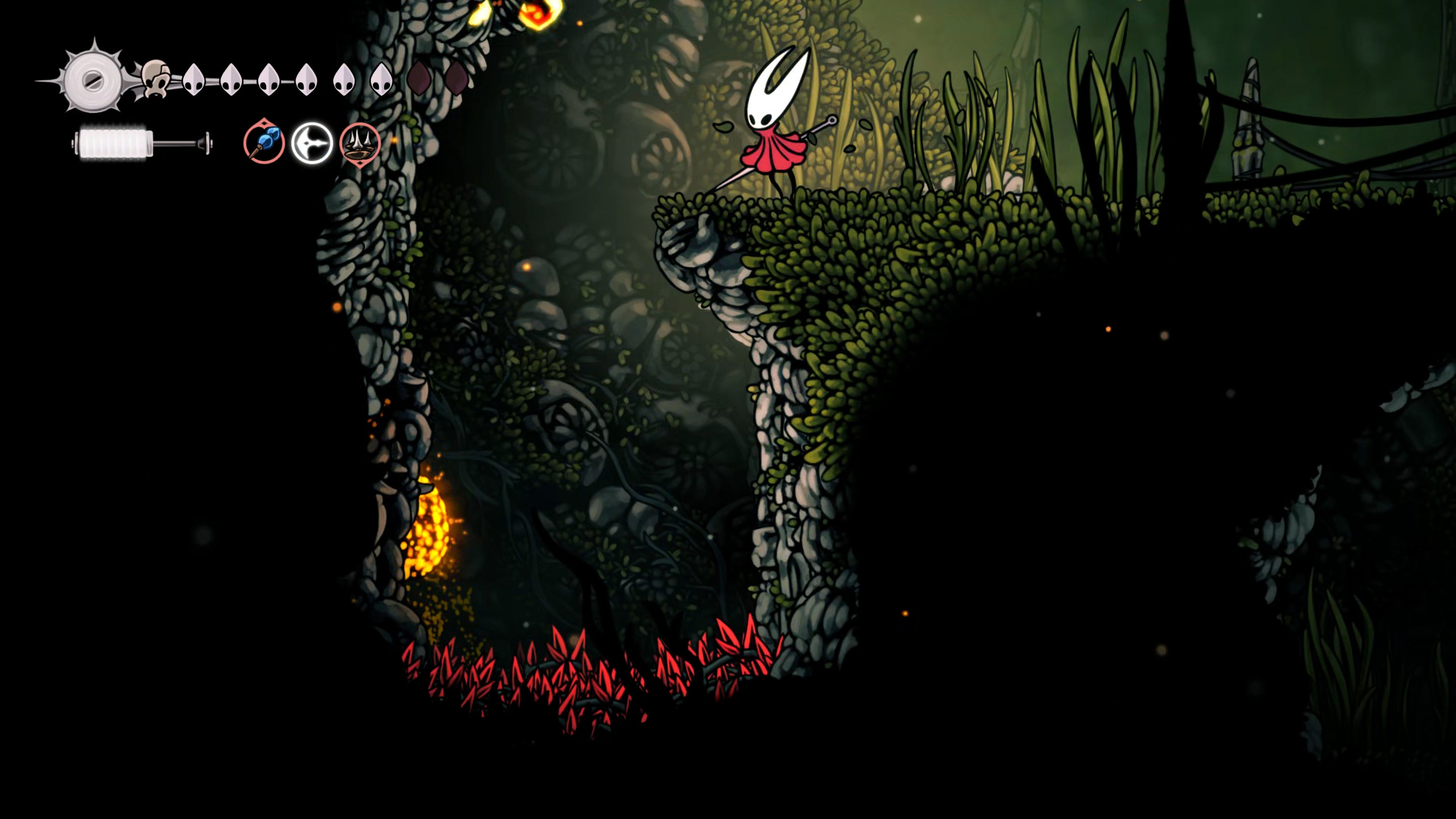 A screenshot of Hollow Knight: Silksong showing the path through The Old Hearts quest in Act 3. - 39