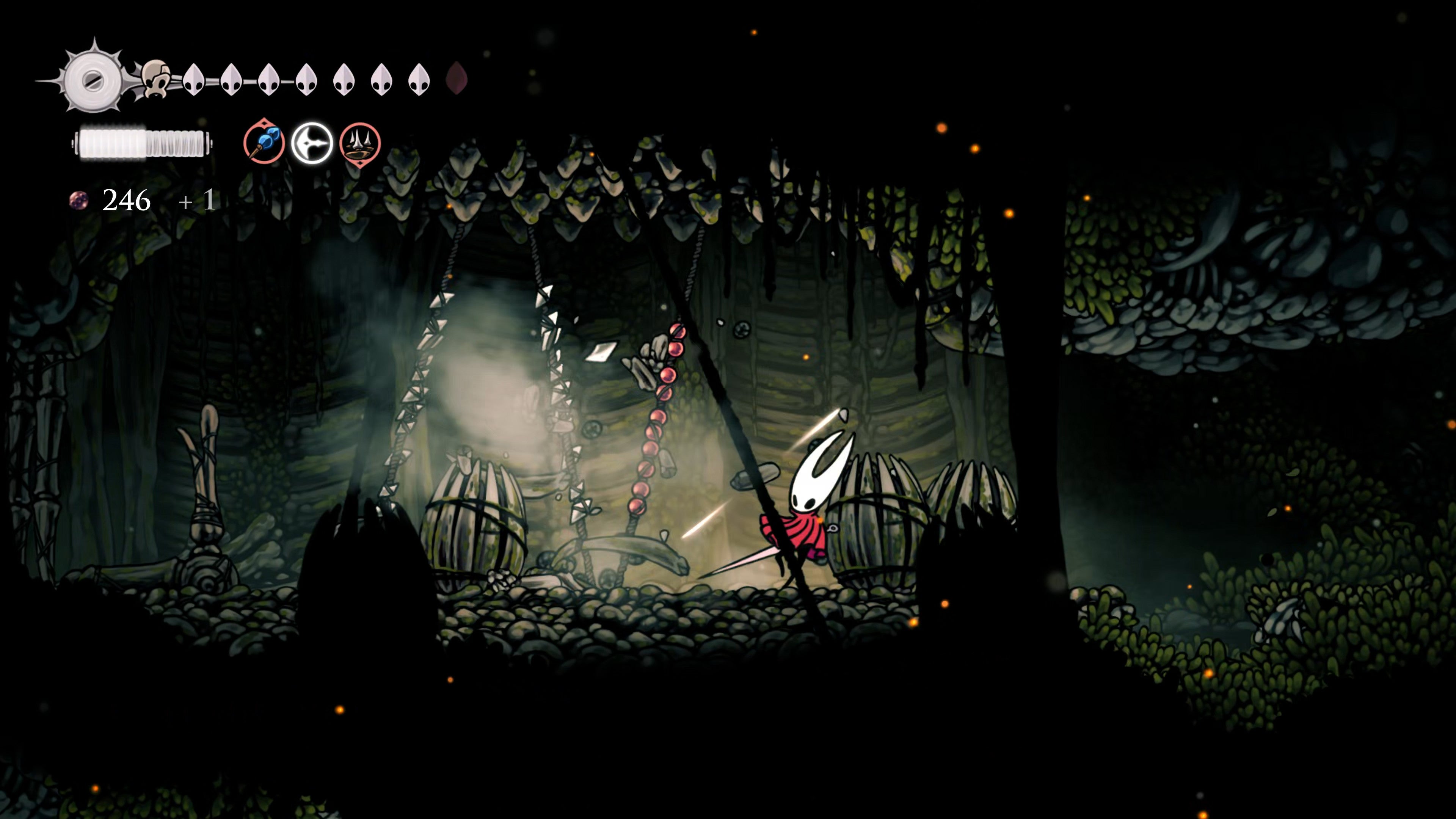 A screenshot of Hollow Knight: Silksong showing the path through The Old Hearts quest in Act 3. - 41