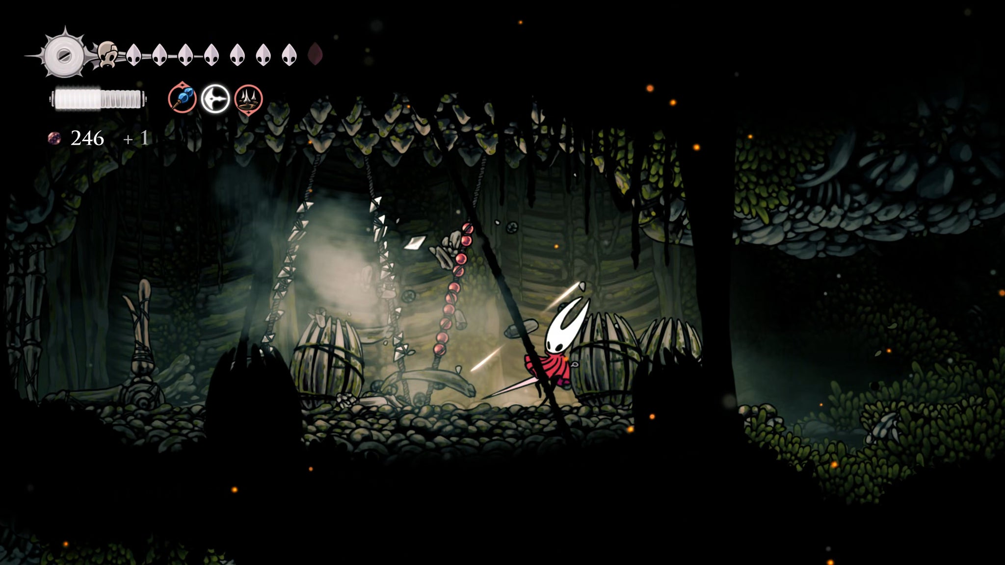 A screenshot of Hollow Knight: Silksong showing the path through The Old Hearts quest in Act 3. - 41