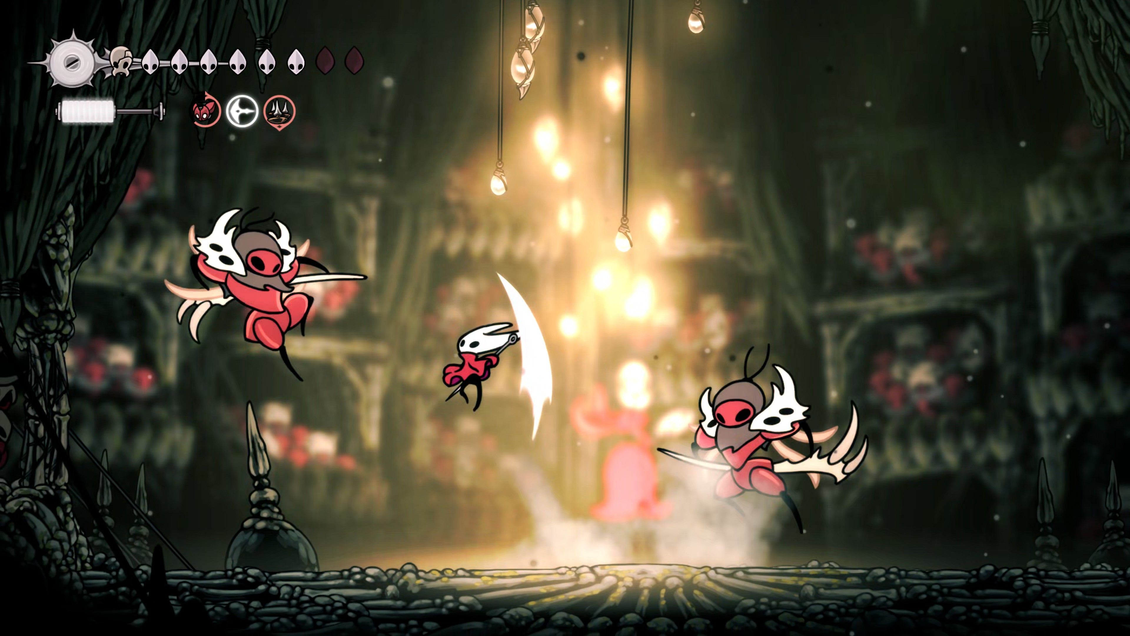 A screenshot of Hollow Knight: Silksong showing the path through The Old Hearts quest in Act 3. - 46