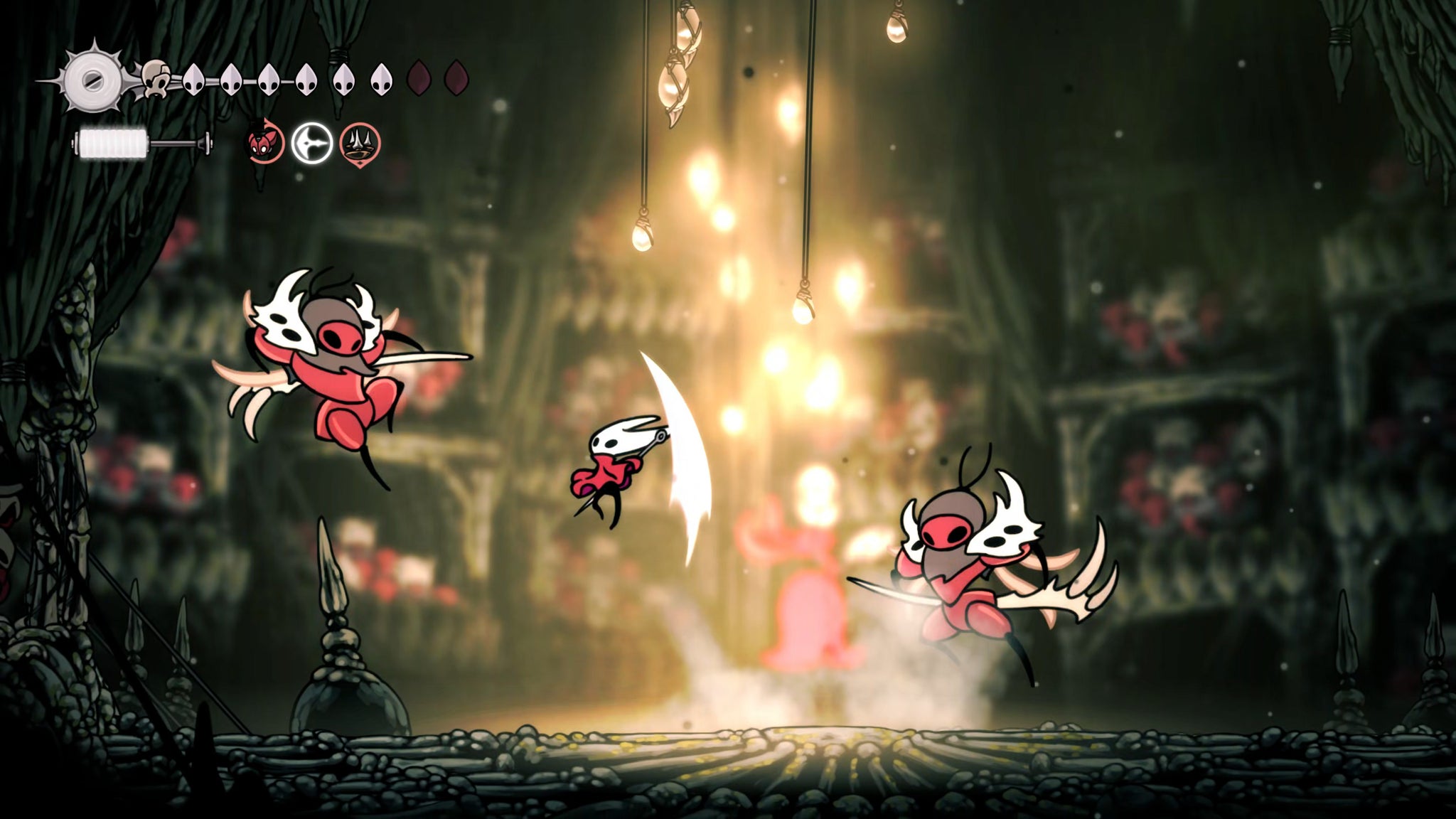 A screenshot of Hollow Knight: Silksong showing the path through The Old Hearts quest in Act 3. - 46