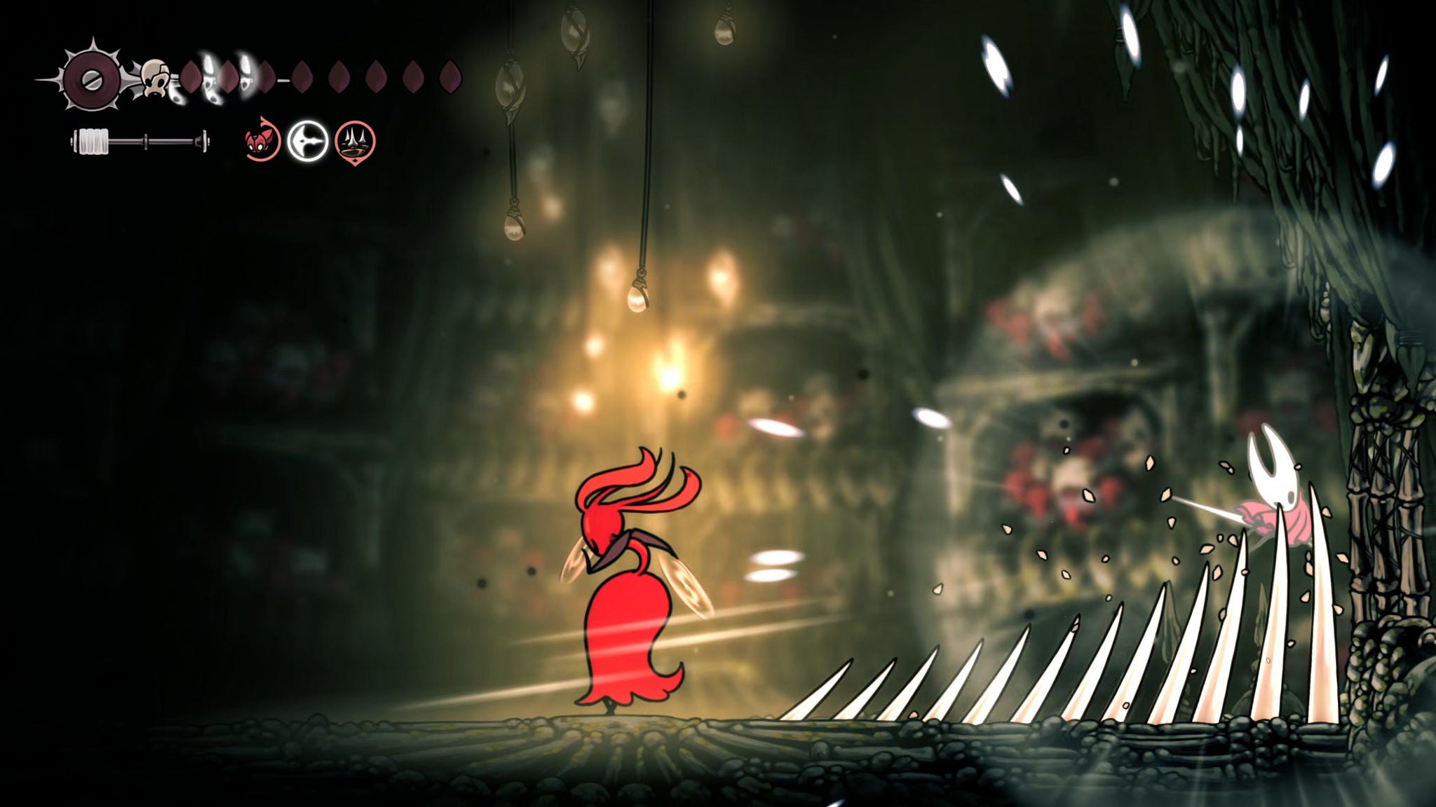 A screenshot of Hollow Knight: Silksong showing the path through The Old Hearts quest in Act 3. - 48
