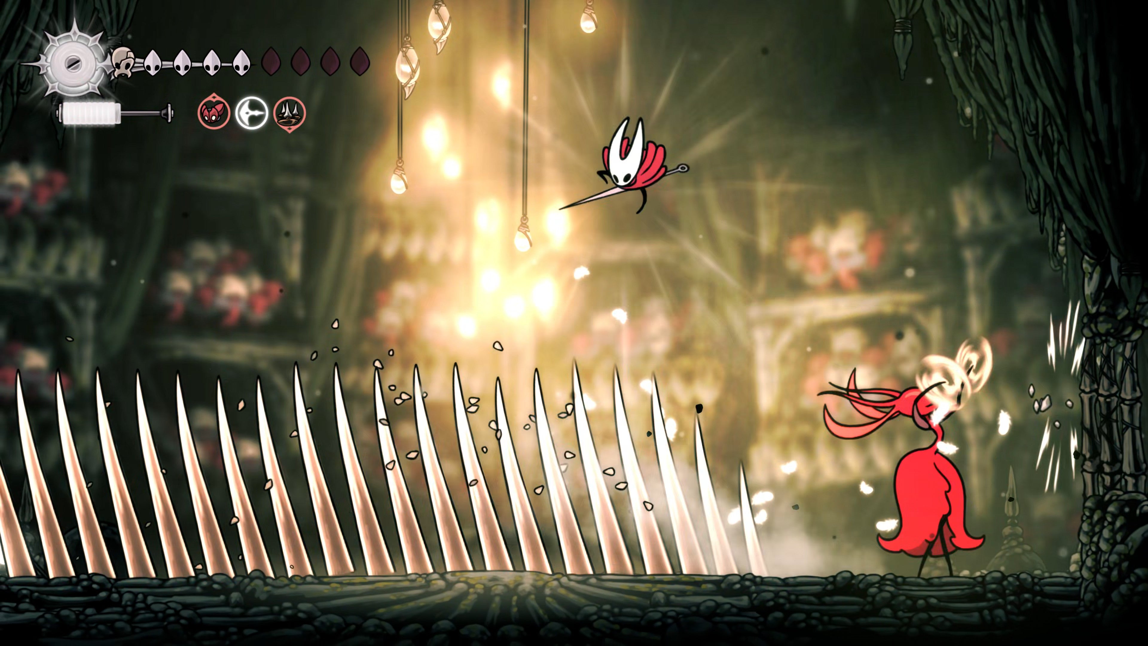Hornet jumps over a vast row of spikes created by Skarrsinger Karmelita in Hollow Knight: Silksong. - 92