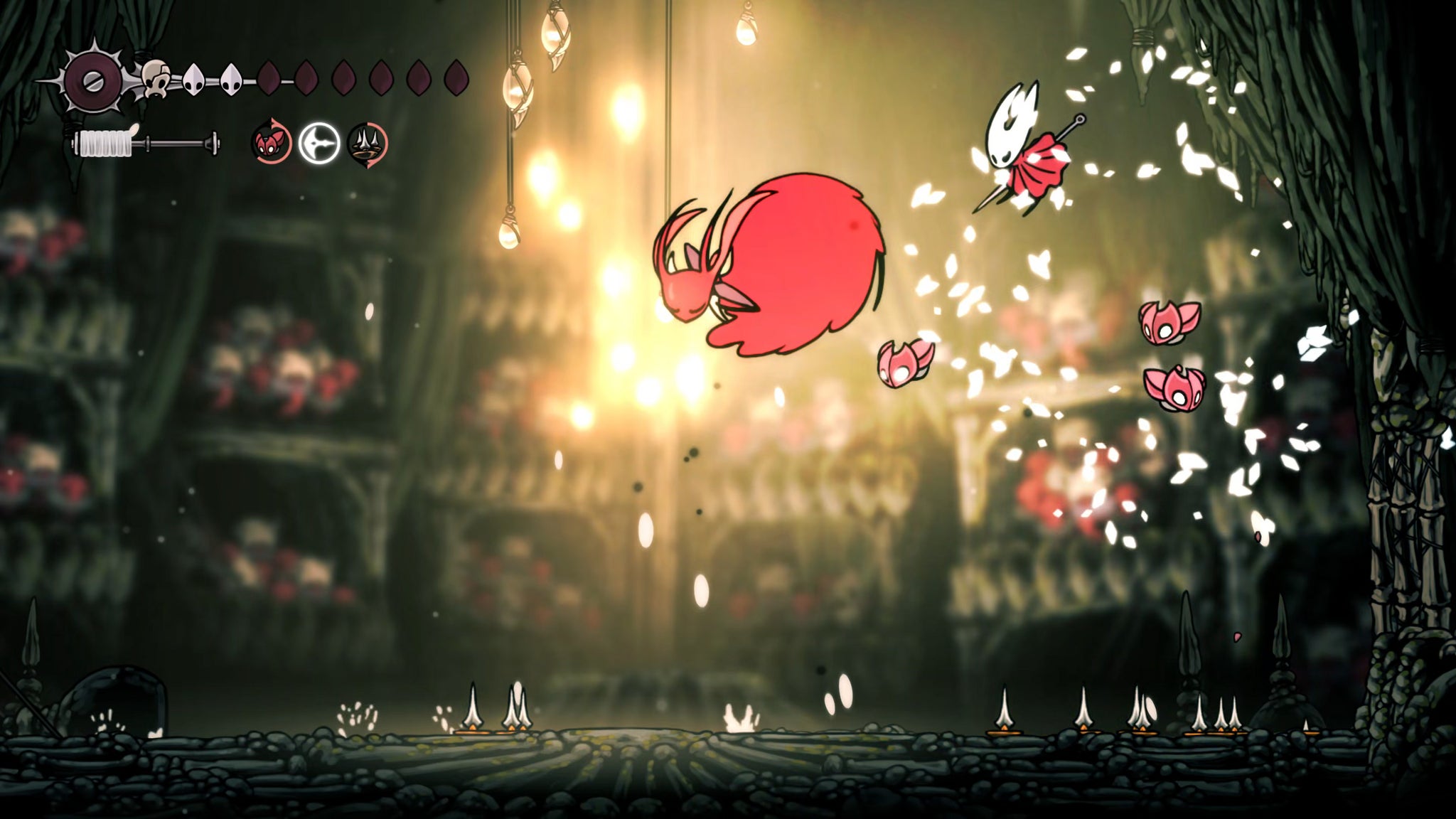 A screenshot of Hollow Knight: Silksong showing the path through The Old Hearts quest in Act 3. - 49