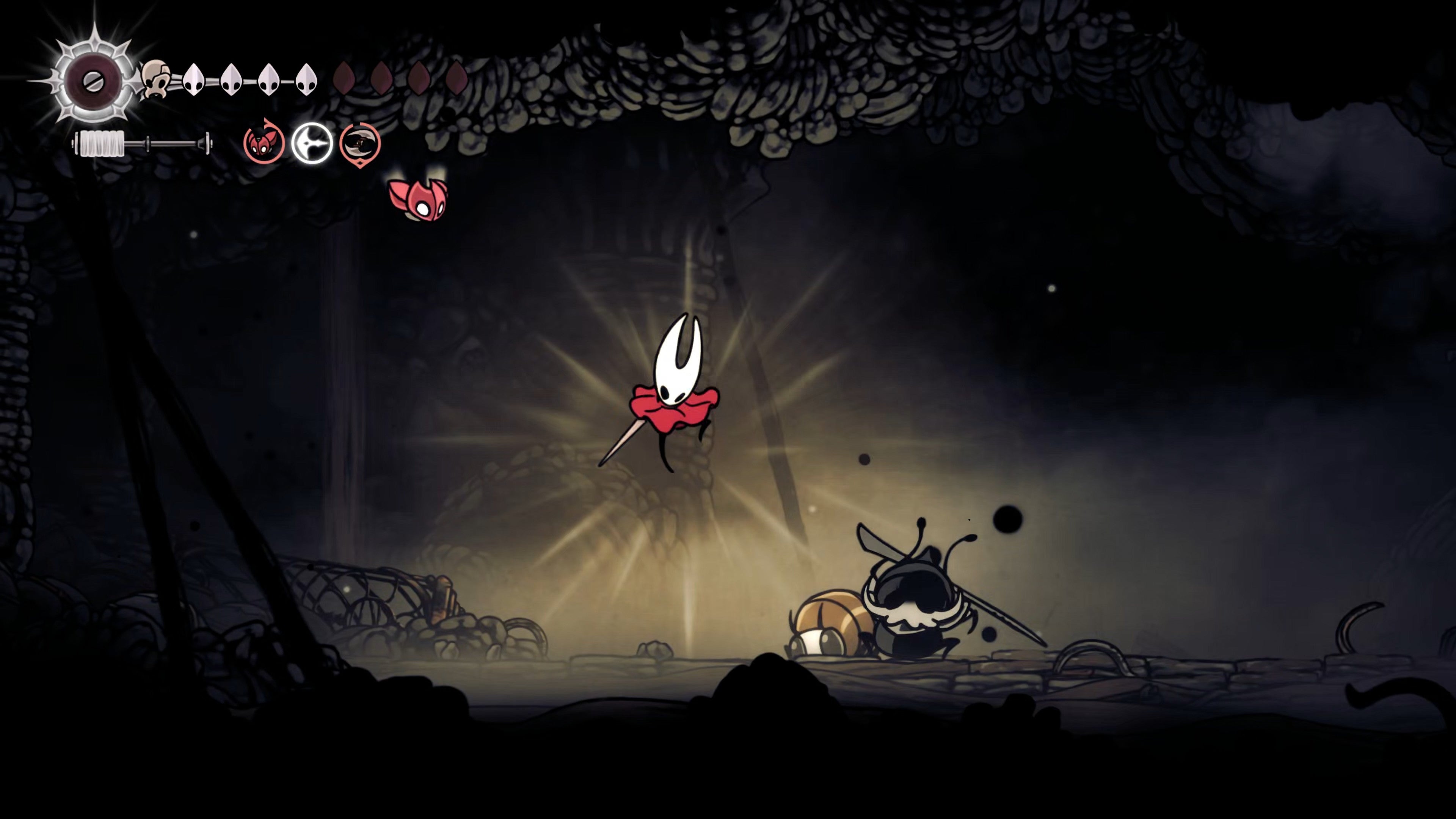 Hornet jumps over Lost Garmond in this boss fight from Hollow Knight: Silksong's Act 3. - 71