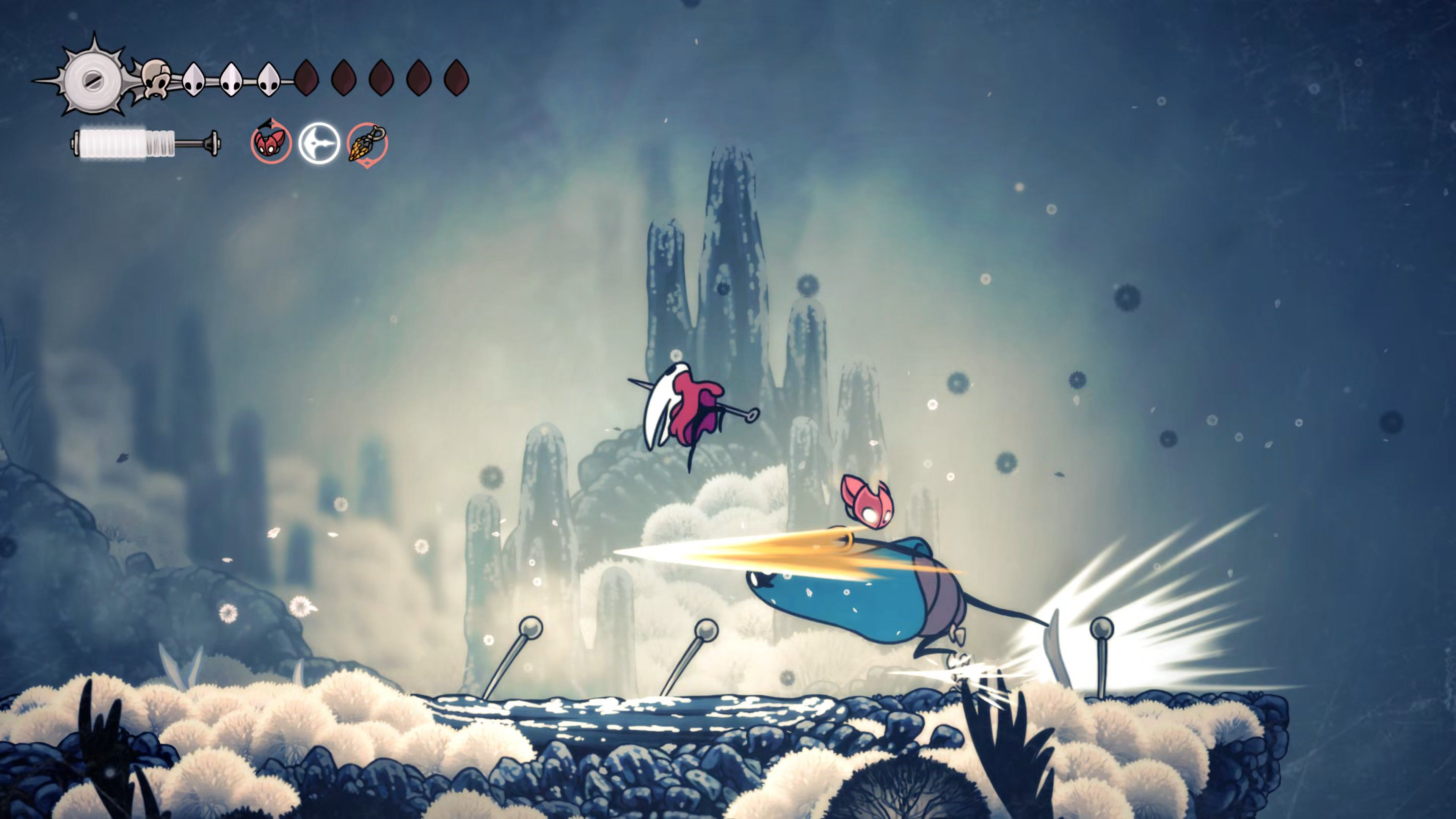 Hornet jumps over an attack delivered by Pinstress in Hollow Knight: Silksong. - 39