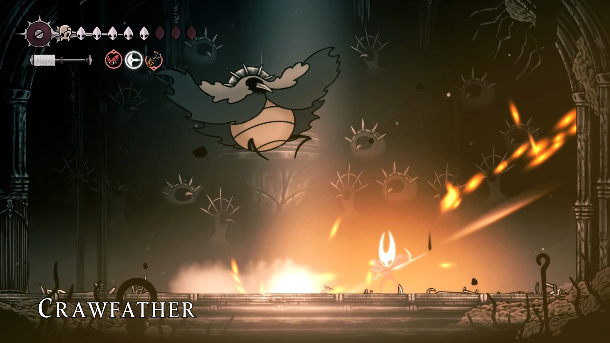 The Crawfather leaps through the air in this screenshot from Hollow Knight: Silksong as Hornet faces him in his lair with dozens of gaggling craws in the background. - 65