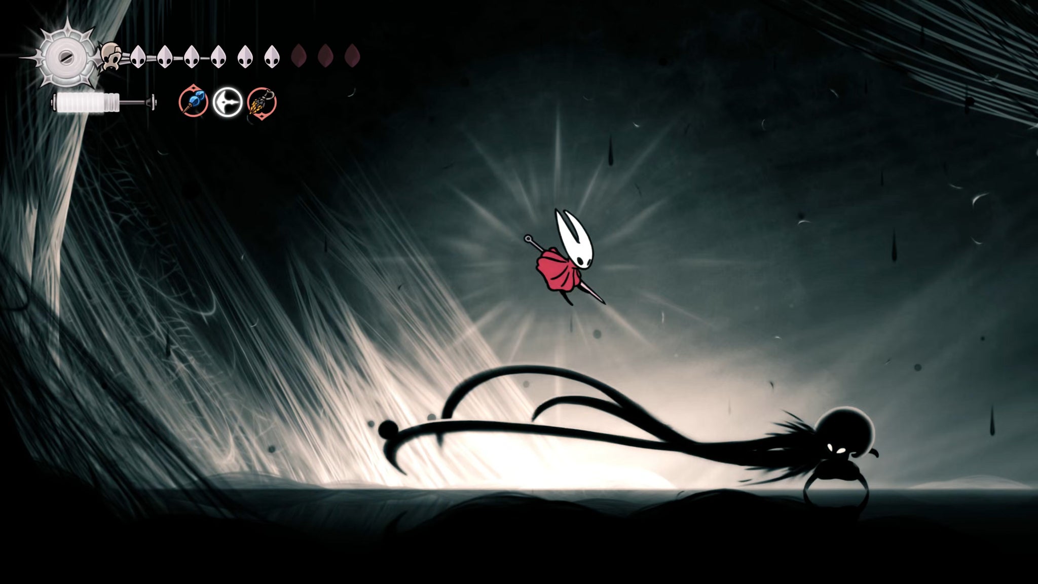 A screenshot of Hollow Knight: Silksong showing the path through The Abyss to reach the True Ending at the end of Act 3. - 11