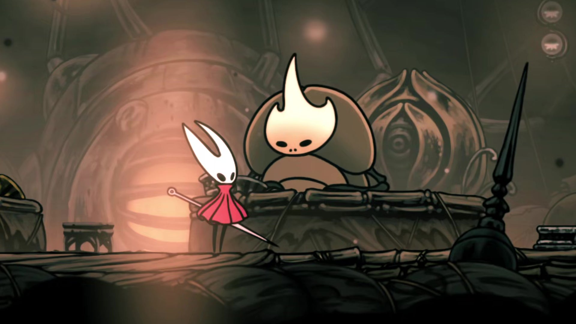 Hornet in Hollow Knight: Silksong rests inside the Halfway Home in Greymoor, and speaks with the proprietor, Creig. - 1