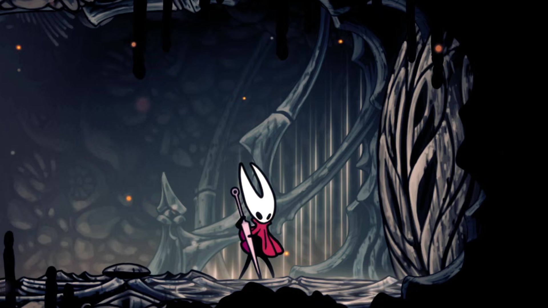 Hornet in Hollow Knight: Silksong plays her Needolin in order to open a musical metal door and enter Weavenest Cindril. - 1