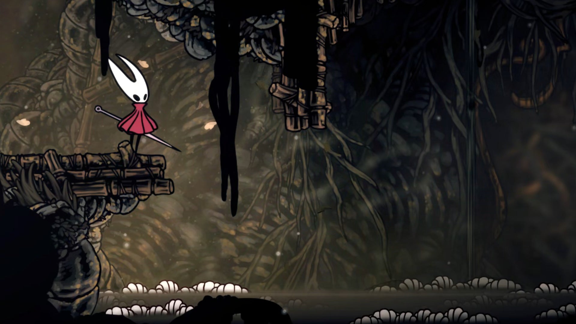 Hornet in Hollow Knight: Silksong stands on the edge of a ledge in Sinner's Road and looks down at a body of water below which is crawling with worms. - 1