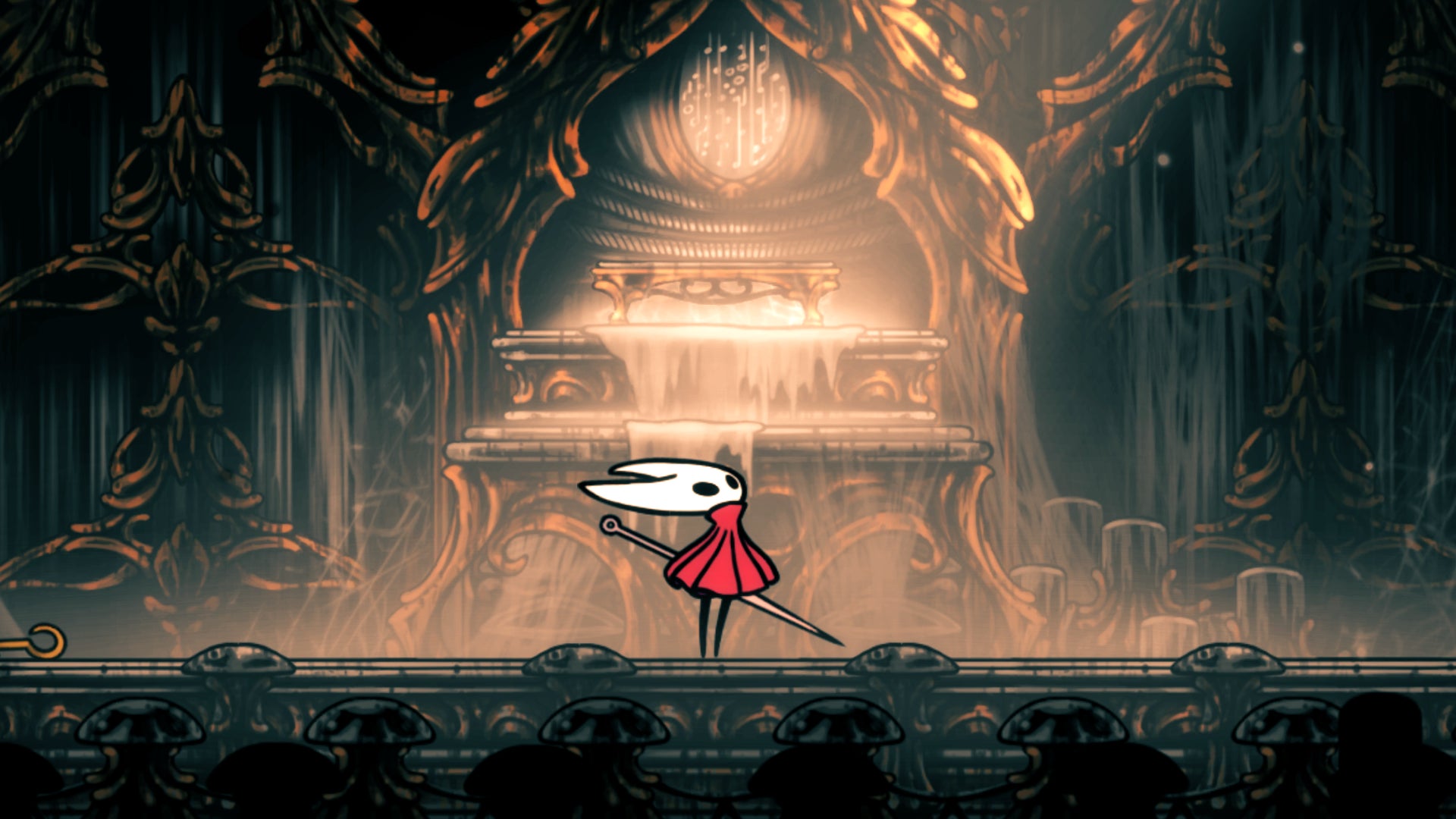 Hornet in Hollow Knight: Silksong stands on the floor inside the Exhaust Organ and looks up at the organ in the background. - 1