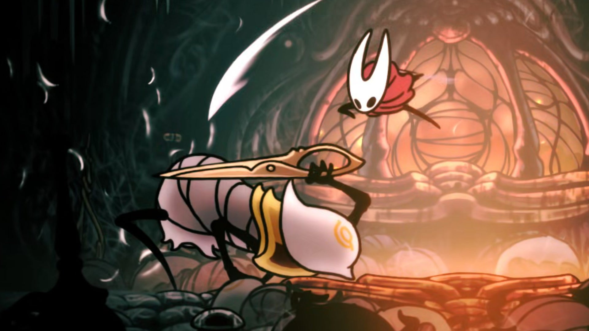 Hornet in Hollow Knight: Silksong leaps up and attacks downwards at a Mortician enemy in the Whiteward. - 1