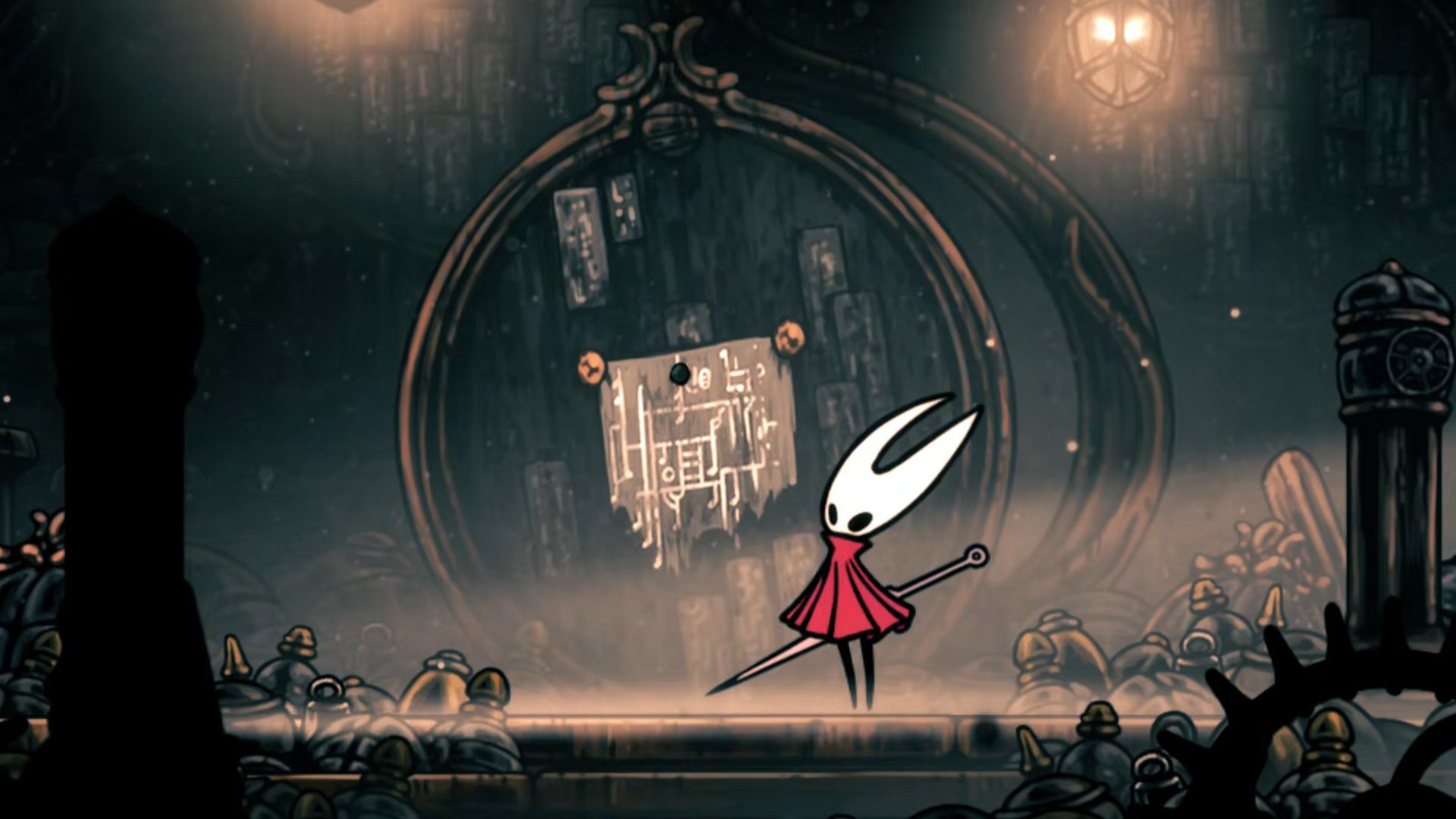 Hornet in Hollow Knight: Silksong stares up at a map pinned onto a dusty round blackboard in the Underworks region. - 1