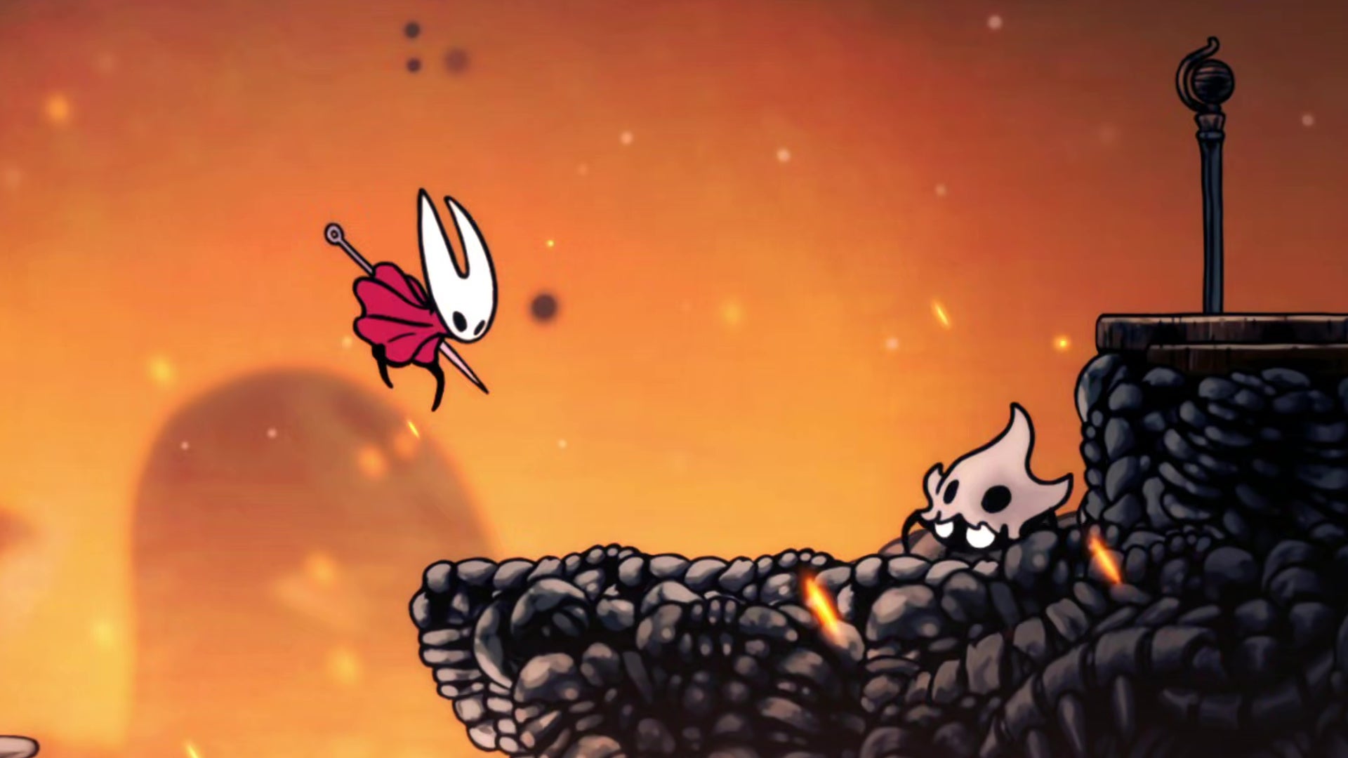 Hornet leaps through a rocky lava-filled landscape in Hollow Knight: Silksong, and prepares to attack a scuttling skull-wearing enemy creature. - 1